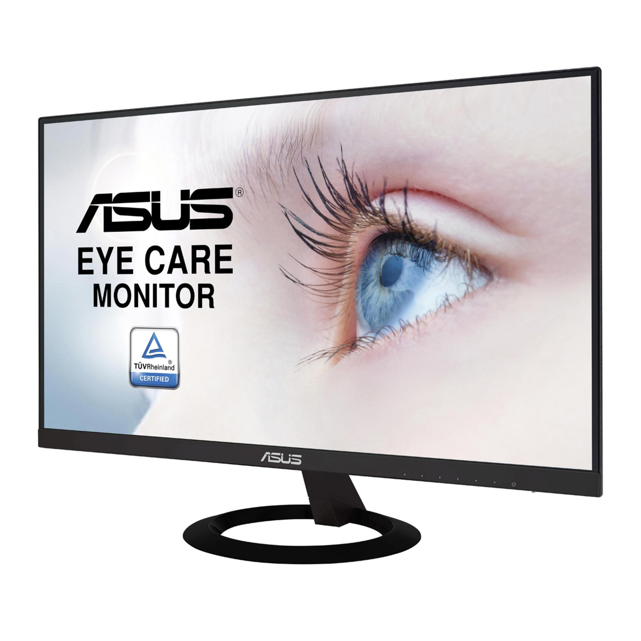 Un monitor Asus Eye Care con cornice nera. L'occhio è nel monitor.