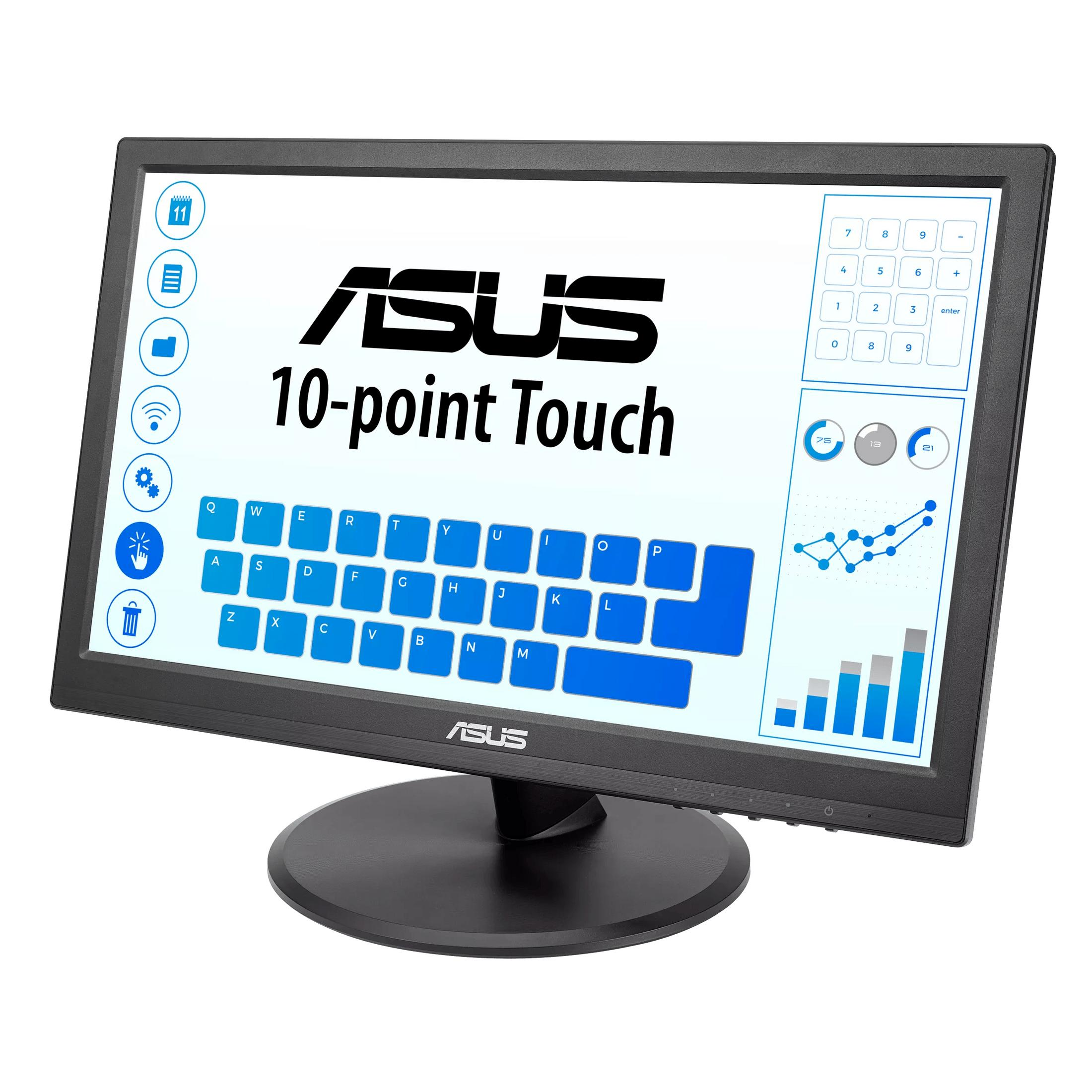 Monitor táctil ASUS negro con teclado y teclado numérico sobre fondo blanco.