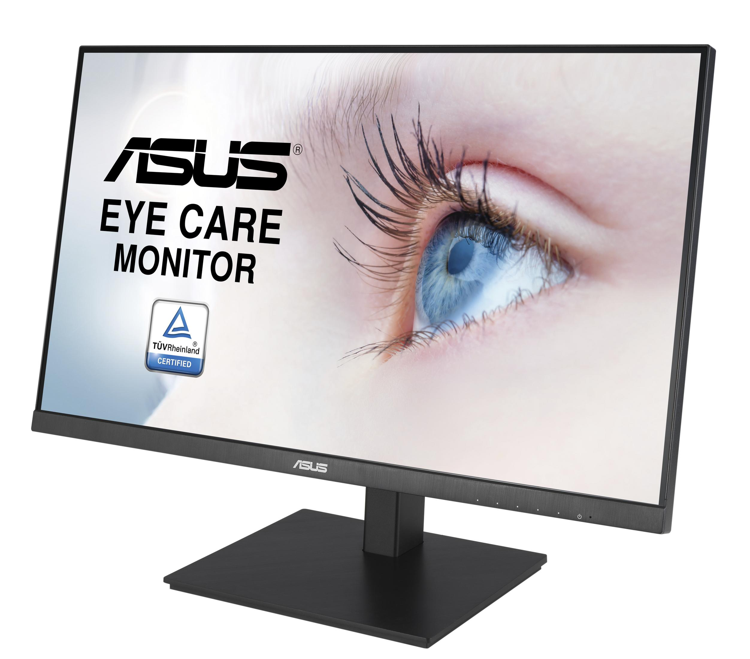 Monitor ASUS Eye Care wyświetla zbliżenie oka z logo marki na górze.