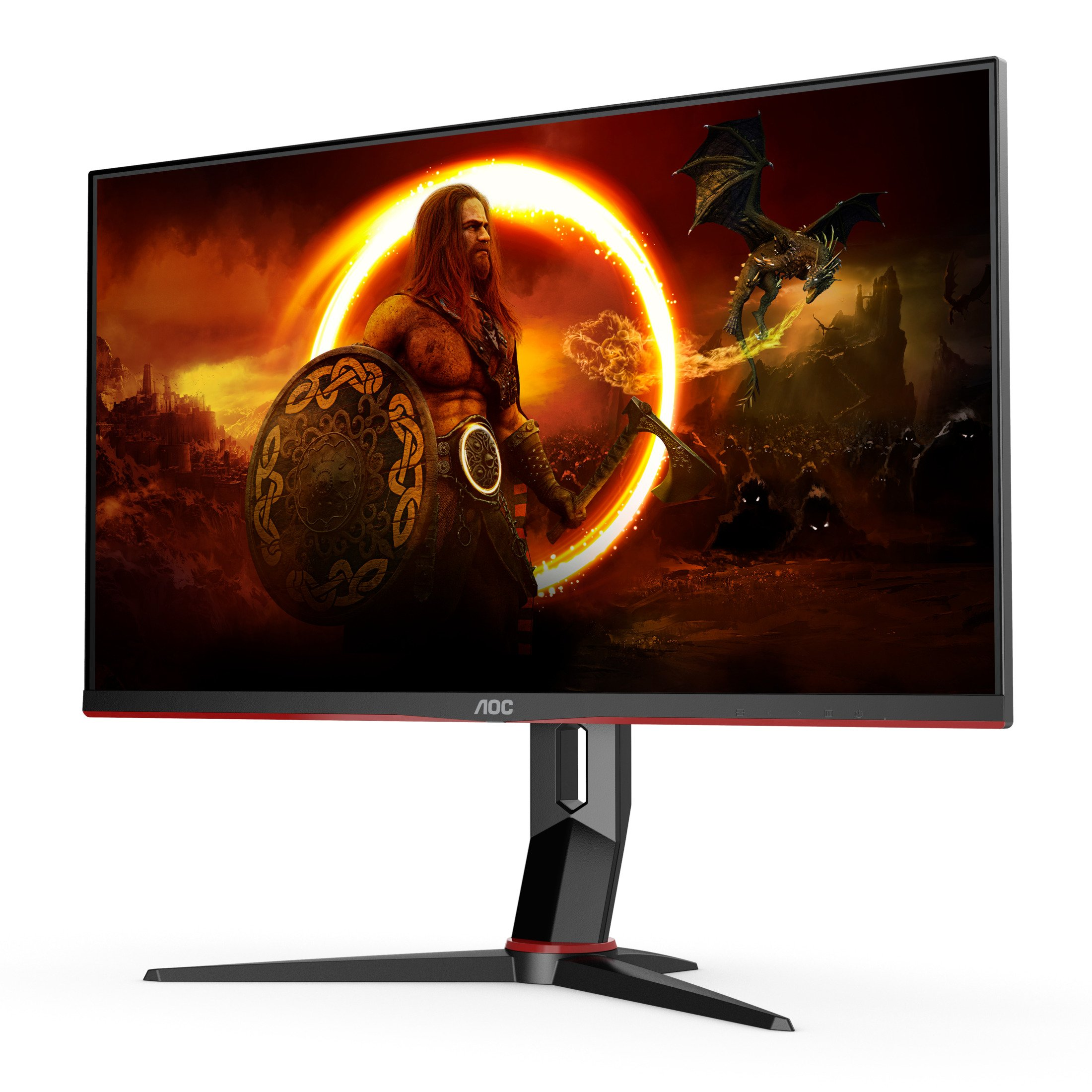 Gaming-Monitor, der eine Fantasy-Szene mit Krieger, Drachen und feurigem Hintergrund zeigt.