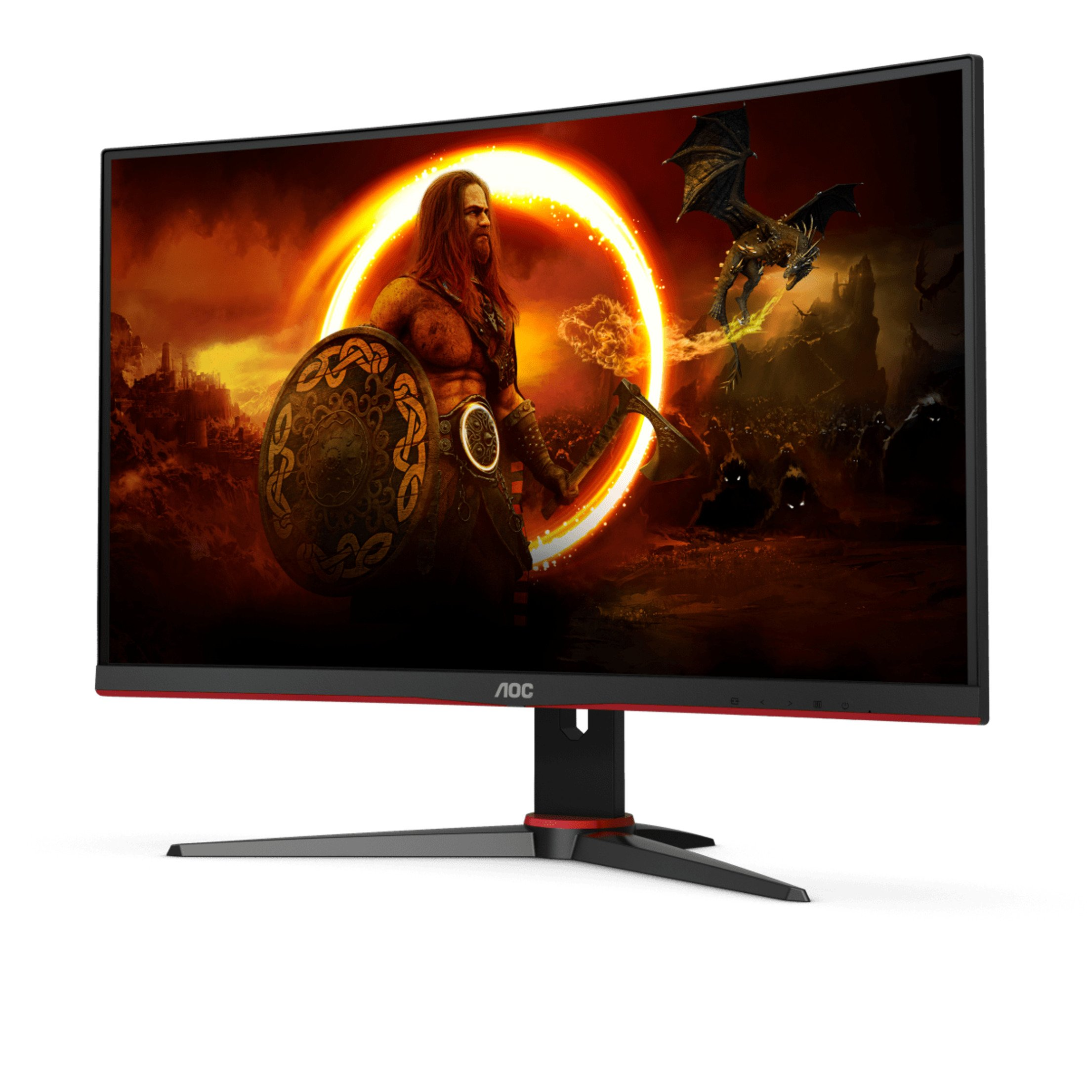 Ein gebogener Gaming-Monitor, der eine Fantasy-Szene mit einem Krieger und einem Drachen zeigt. Rote Akzente am Rahmen.