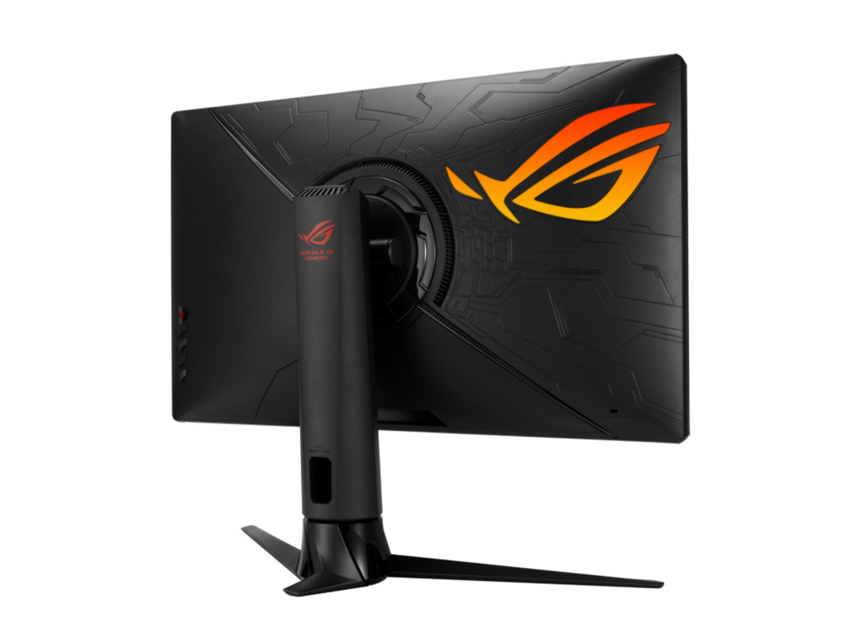 Vista posteriore del monitor del computer nero con supporto. È dotato di illuminazione rossa e gialla e di un logo ROG.