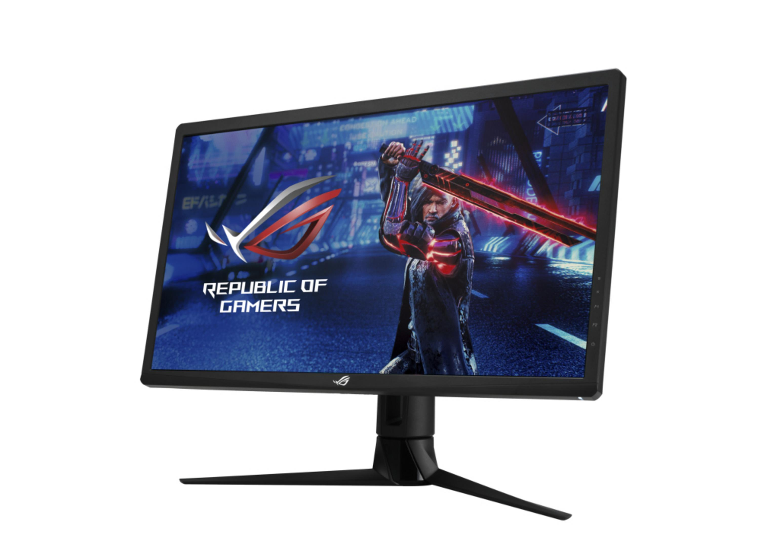 Monitor da gioco con un uomo che tiene una spada. Logo ROG, luci blu e viola.