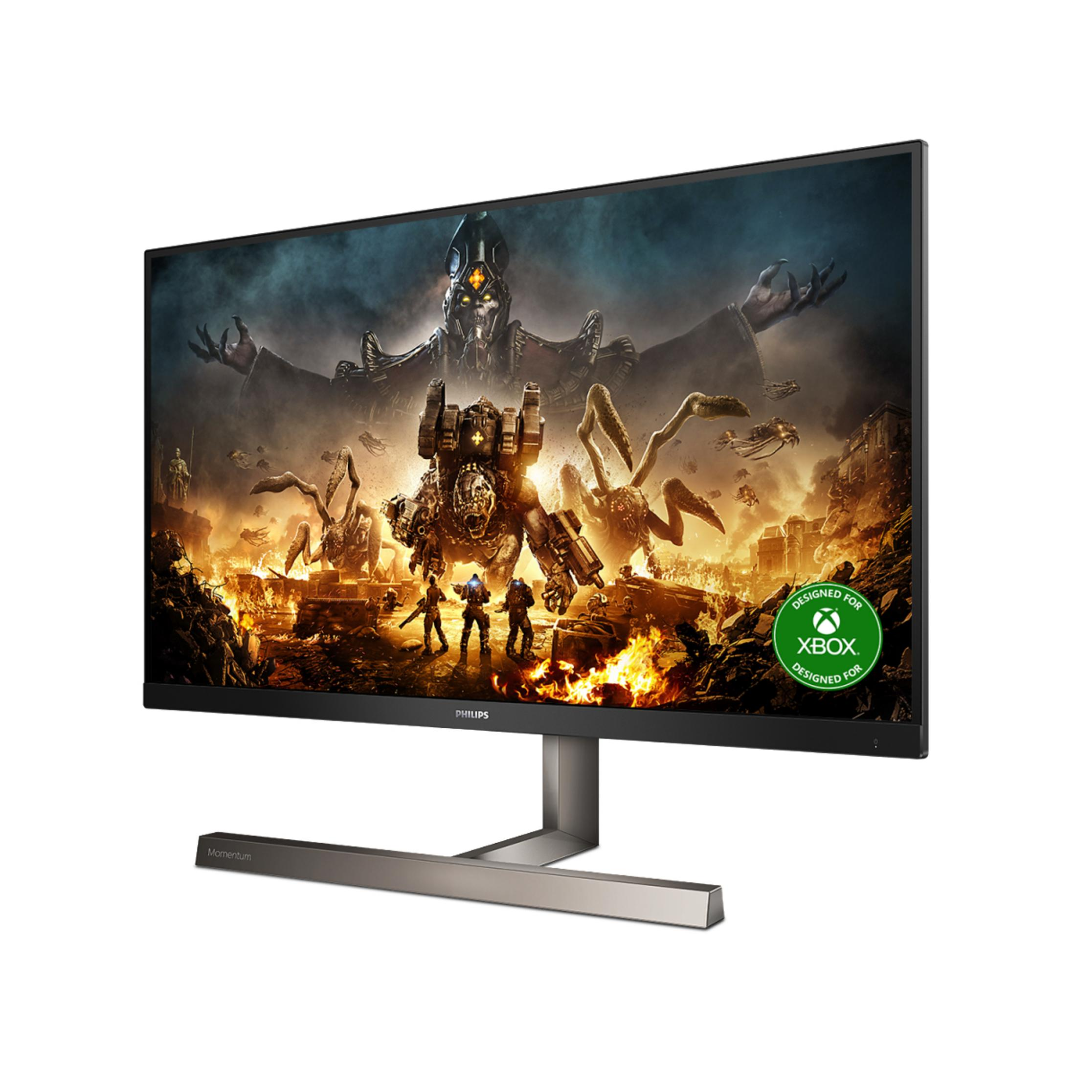 Monitor Philips che mostra una scena futuristica con un soldato e un robot.
