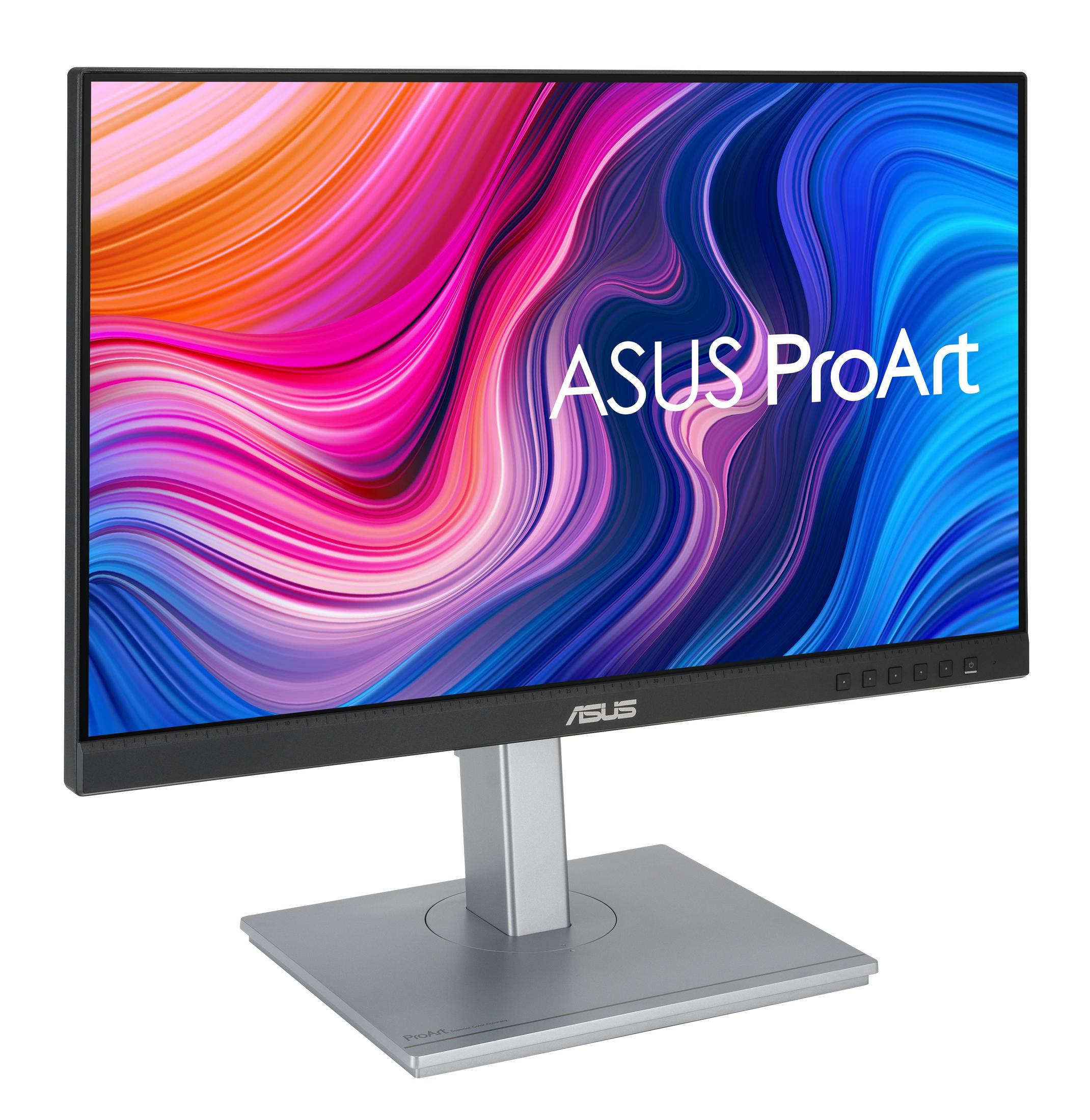Monitor ASUS ProArt z kolorowym abstrakcyjnym tłem.
