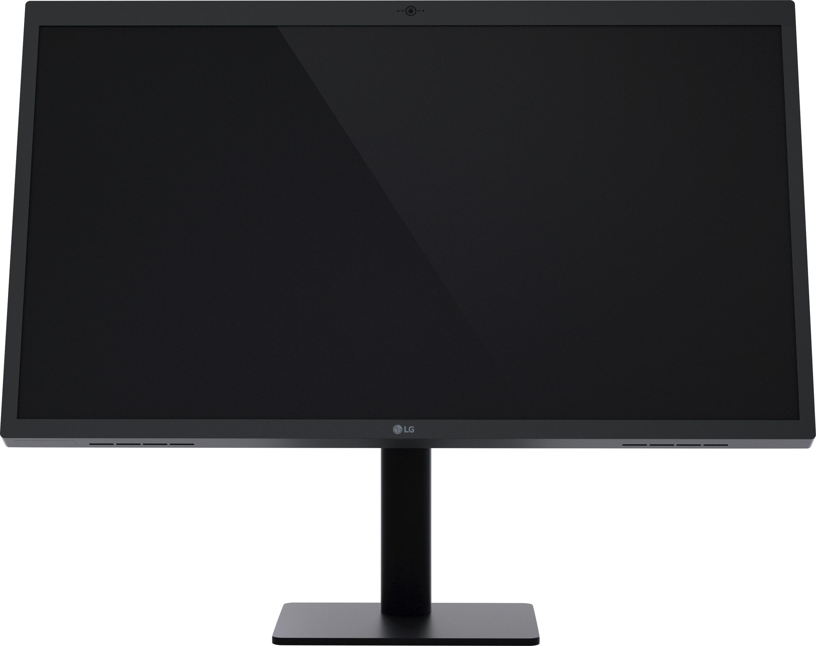 Großer schwarzer LG-Monitor auf schwarzem Ständer, mit Webcam, vor weißem Hintergrund.
