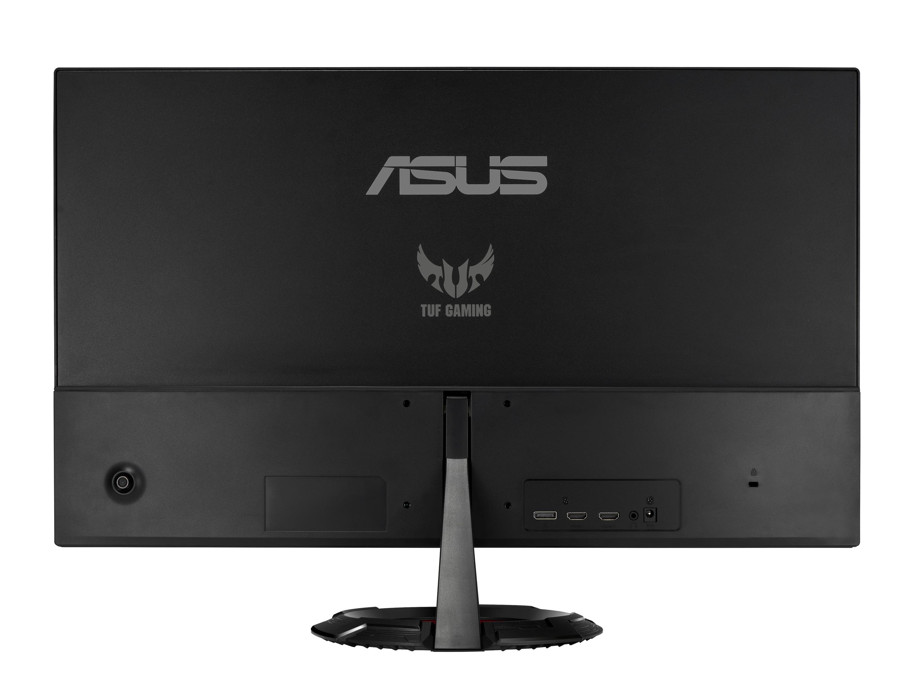 La parte trasera de un monitor de juegos ASUS con varios puertos y el logotipo de la marca.