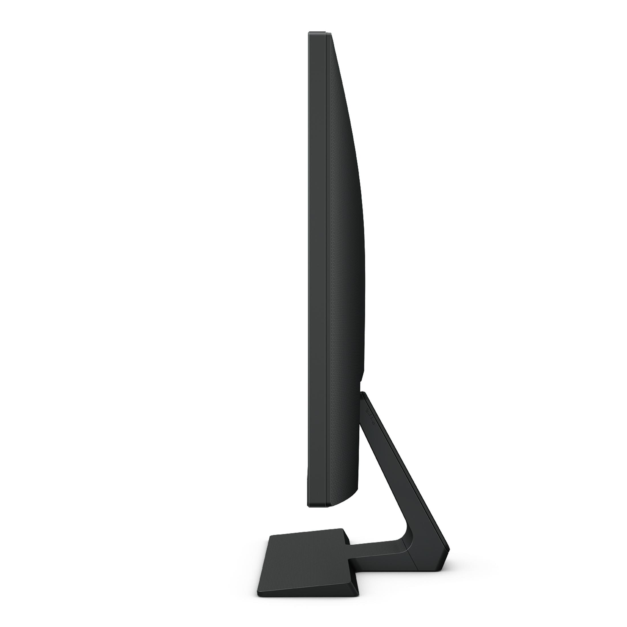 Un monitor nero visto lateralmente con un design elegante e un supporto.
