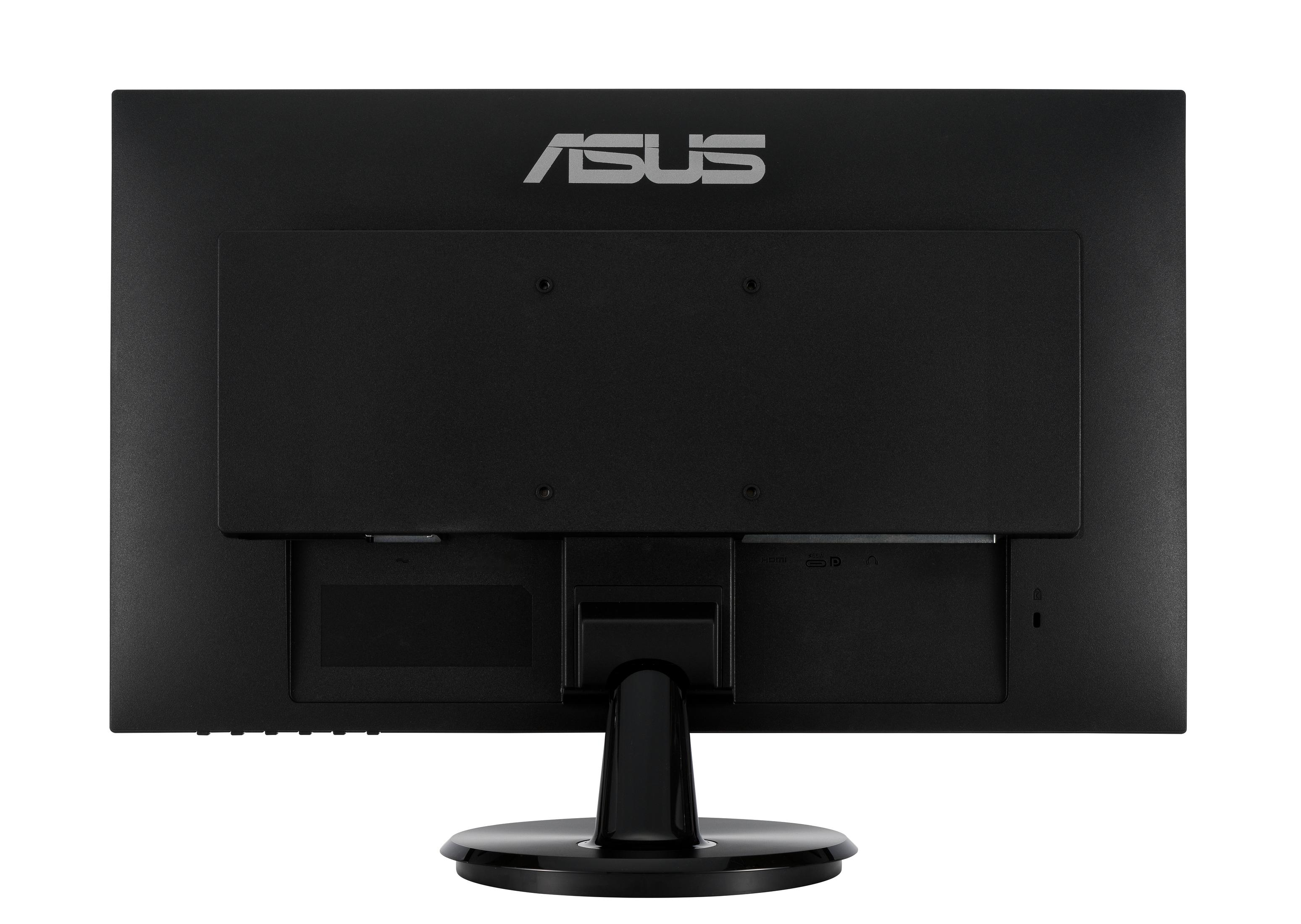 La parte trasera de un monitor ASUS negro con el logotipo de ASUS y puertos de conexión visibles.
