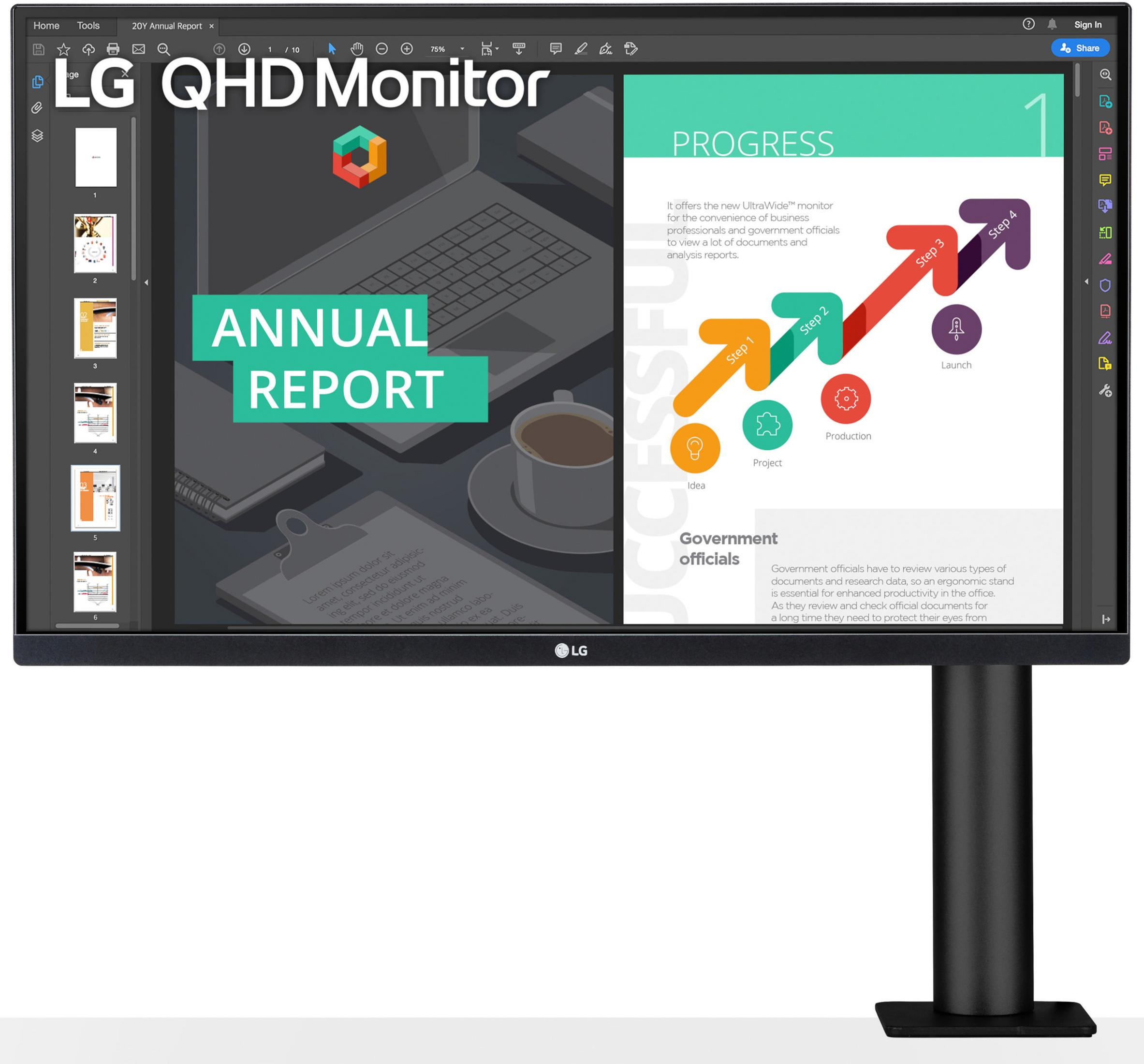 LG QHD Monitor, der einen Jahresbericht mit Diagrammen anzeigt.