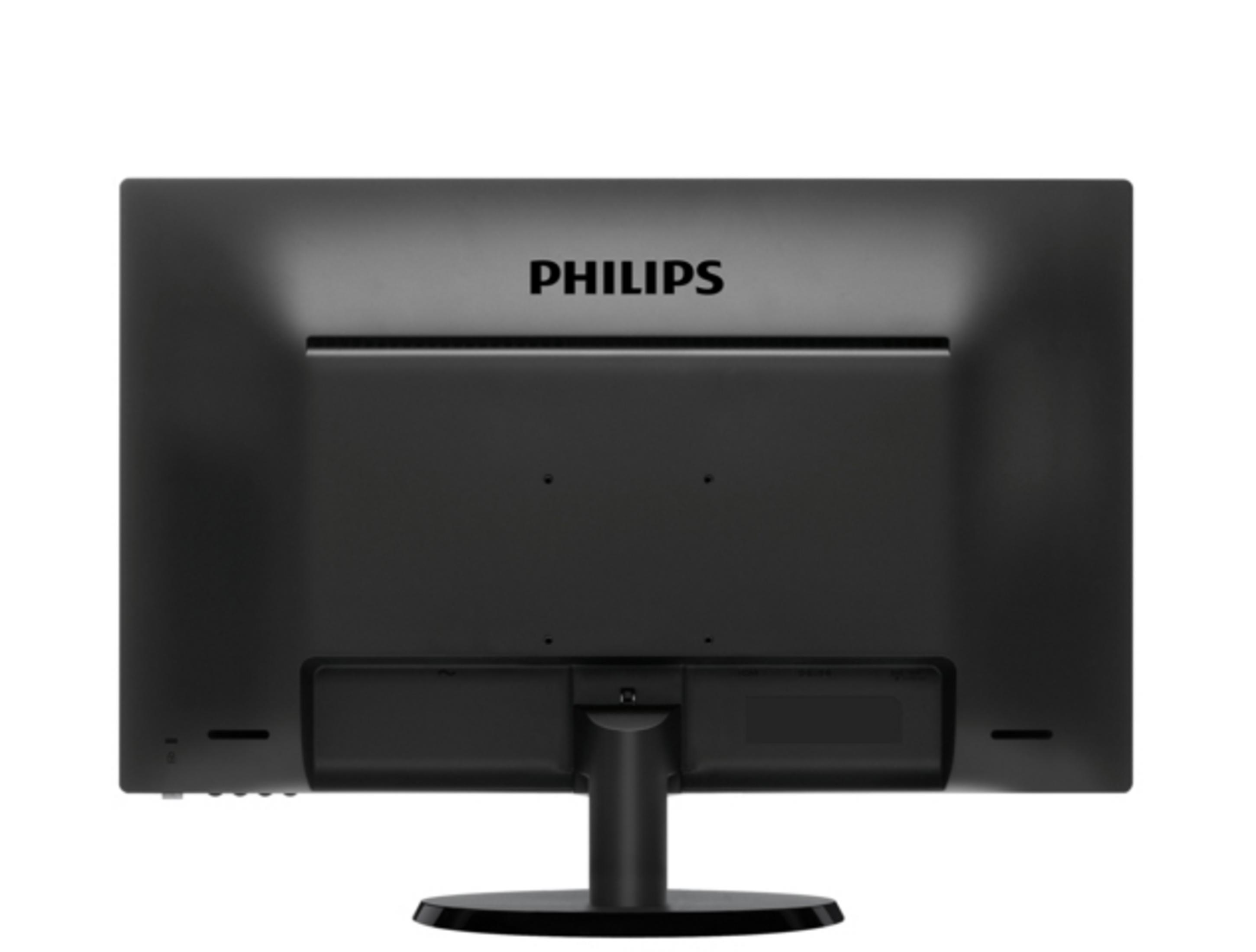 Il retro di un monitor per computer nero con il marchio PHILIPS.