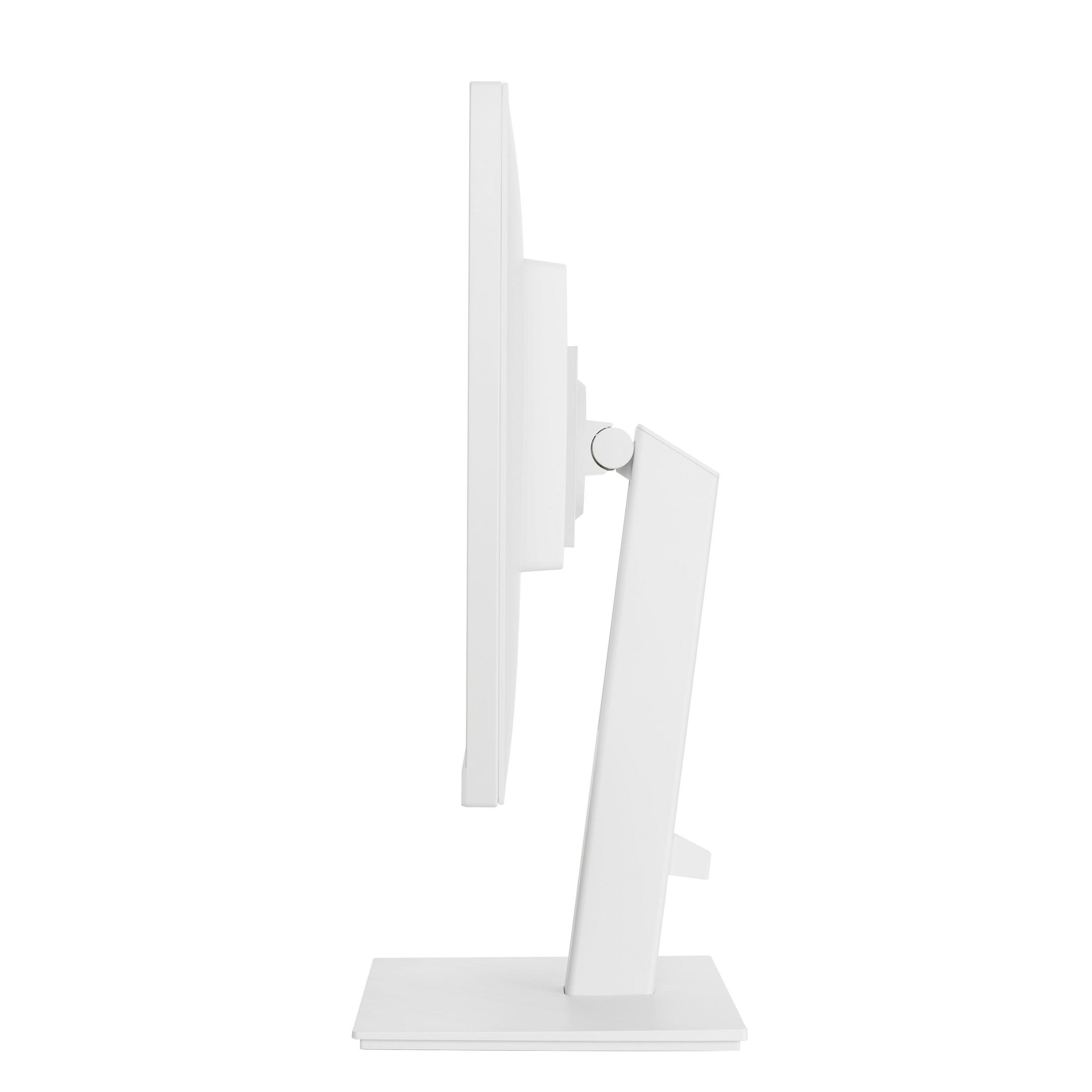 Widok z boku białego monitora, stojak pionowy. Ekran, podstawa i stojak są białe.