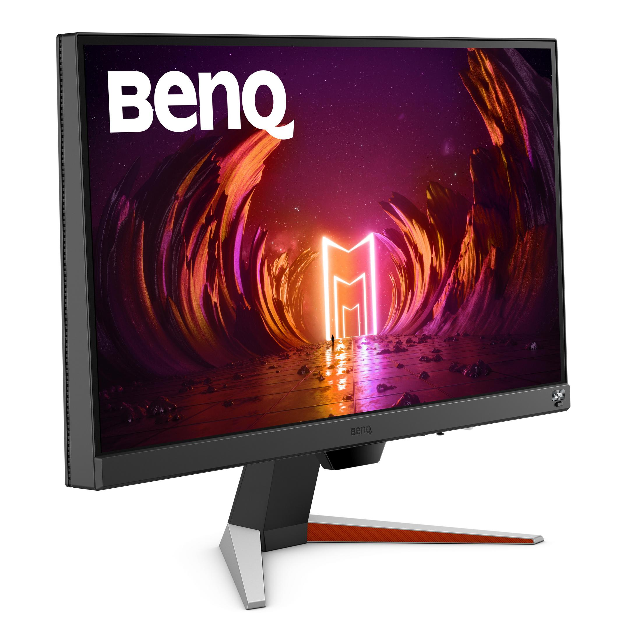 Monitor BenQ, czarna ramka, pomarańczowa podstawa z białą podstawą. Ekran wyświetla kolorowy, abstrakcyjny obraz.
