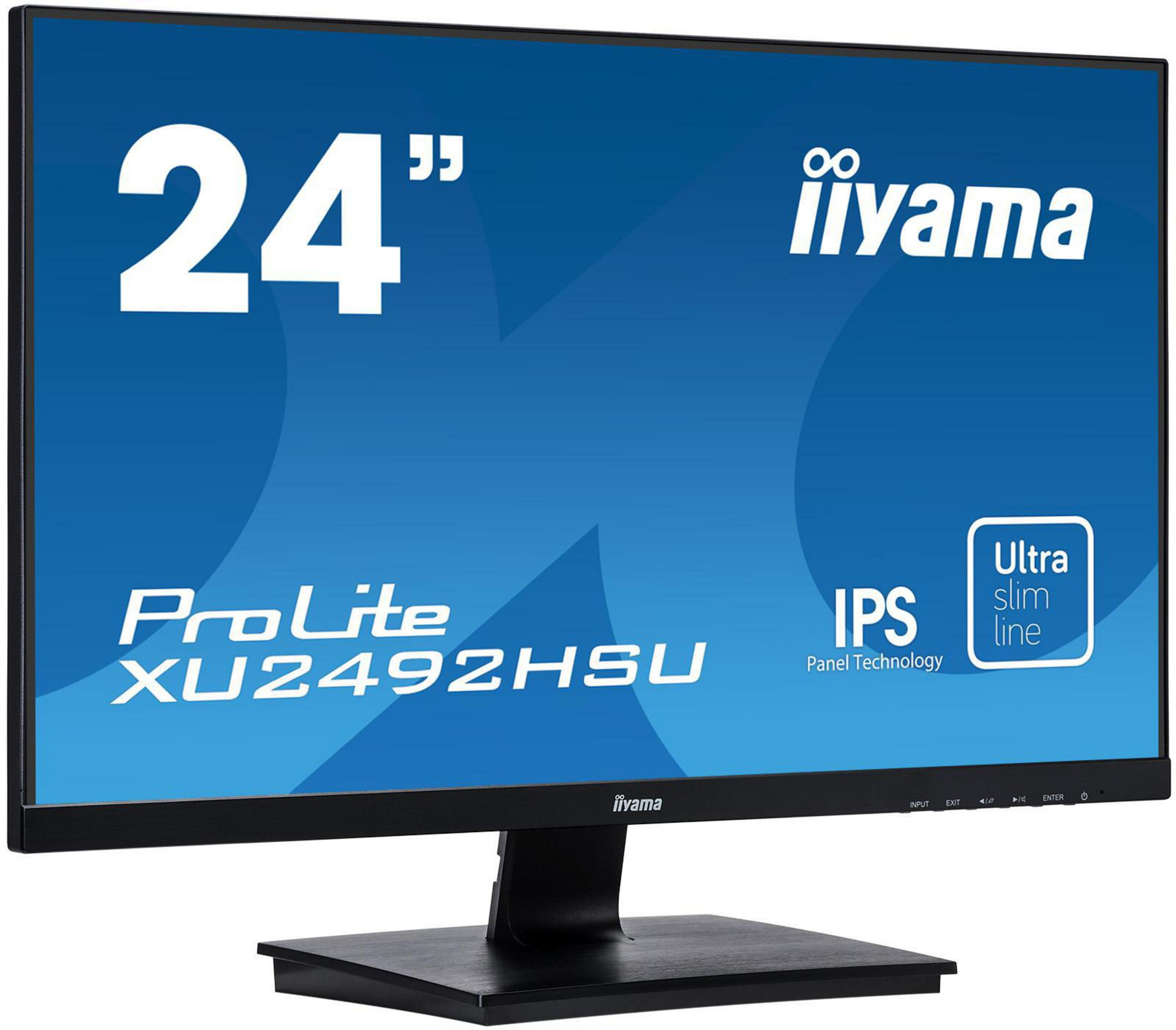 Ein 24-Zoll Iiyama ProLite Monitor mit IPS-Panel-Technologie, schwarzem Rahmen und Ständer.