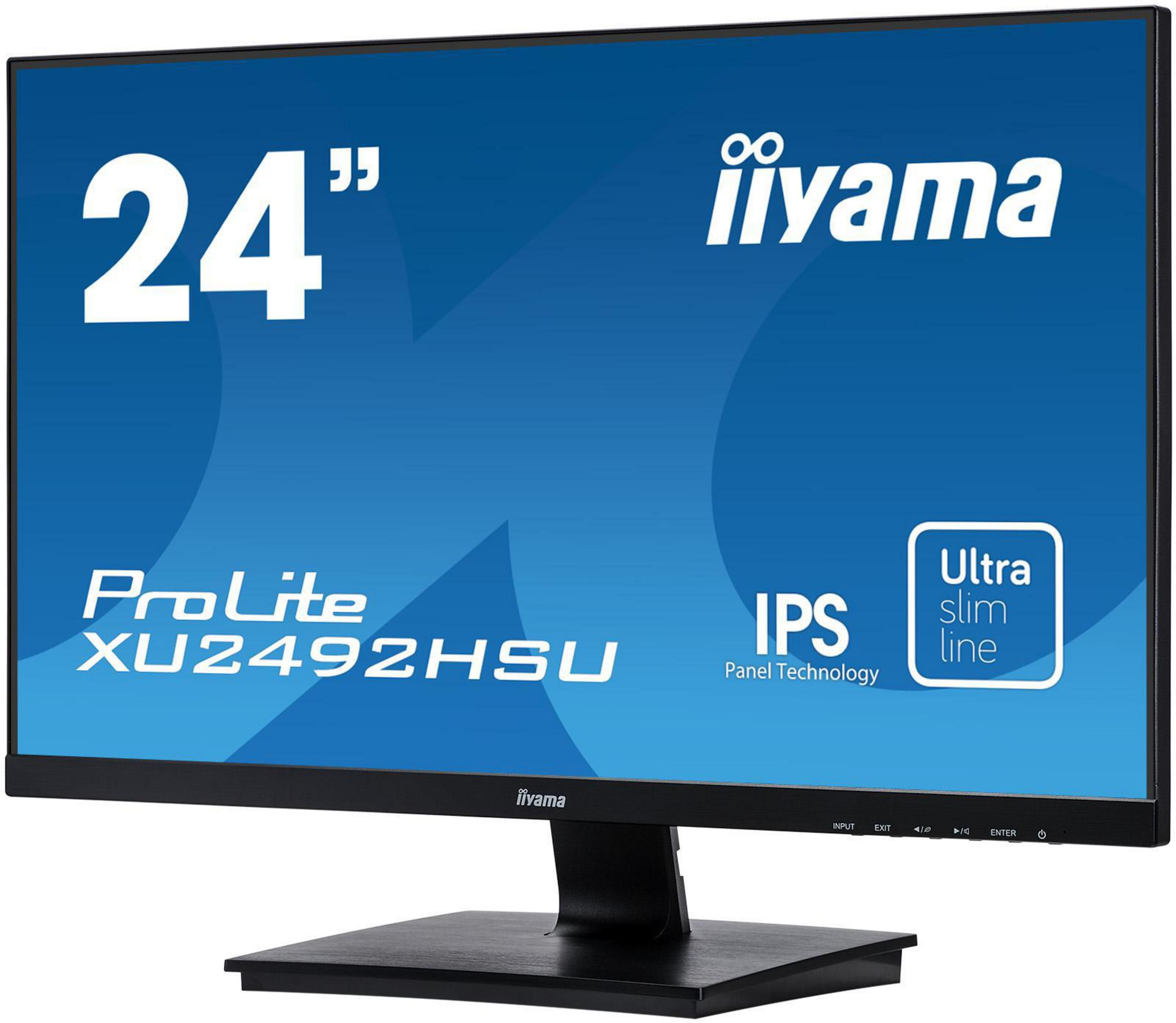 Ein 24-Zoll-Computermonitor zeigt die Marke 'iiyama' und das Modell 'XU2492HSU' an.