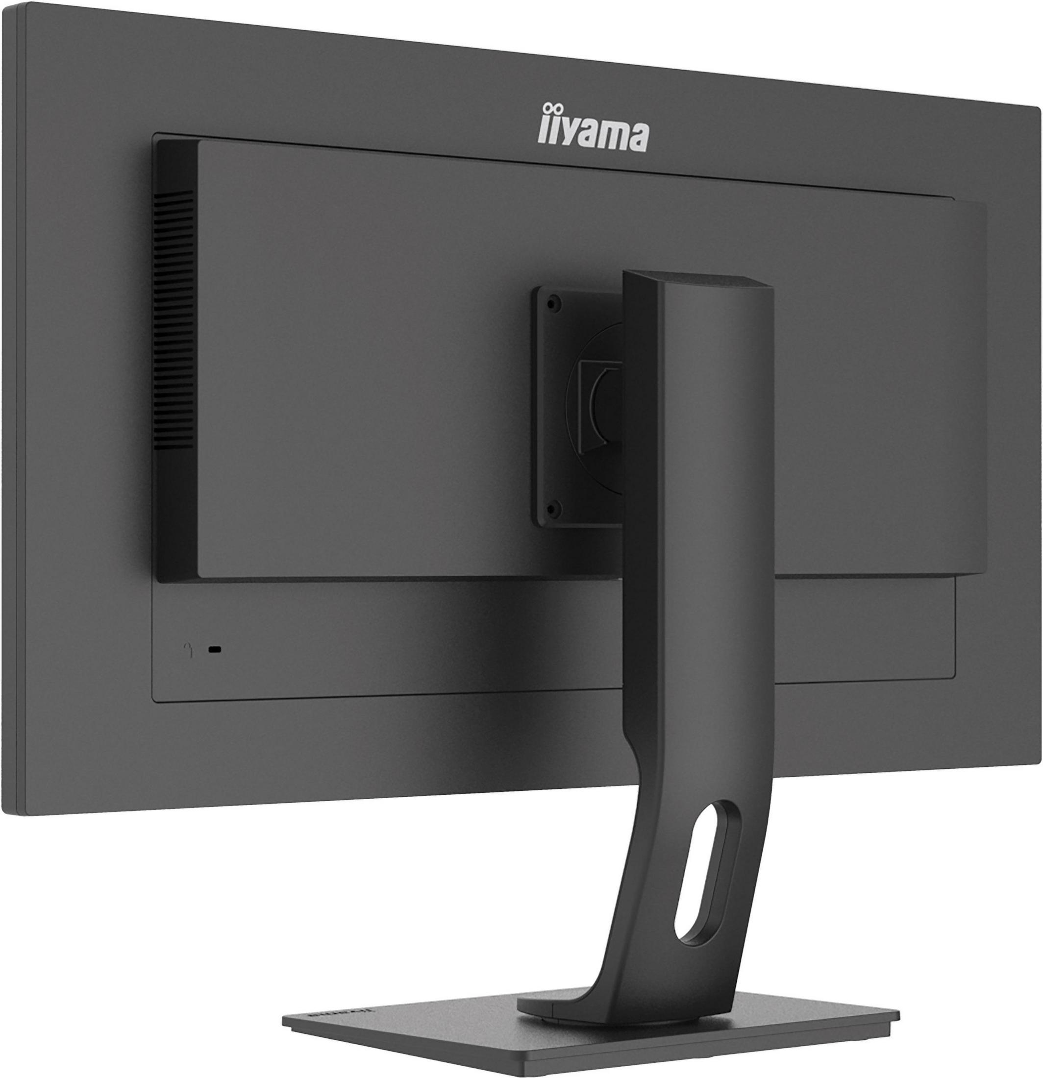 Vista trasera de un monitor iiyama negro con su soporte y base sobre un fondo blanco.
