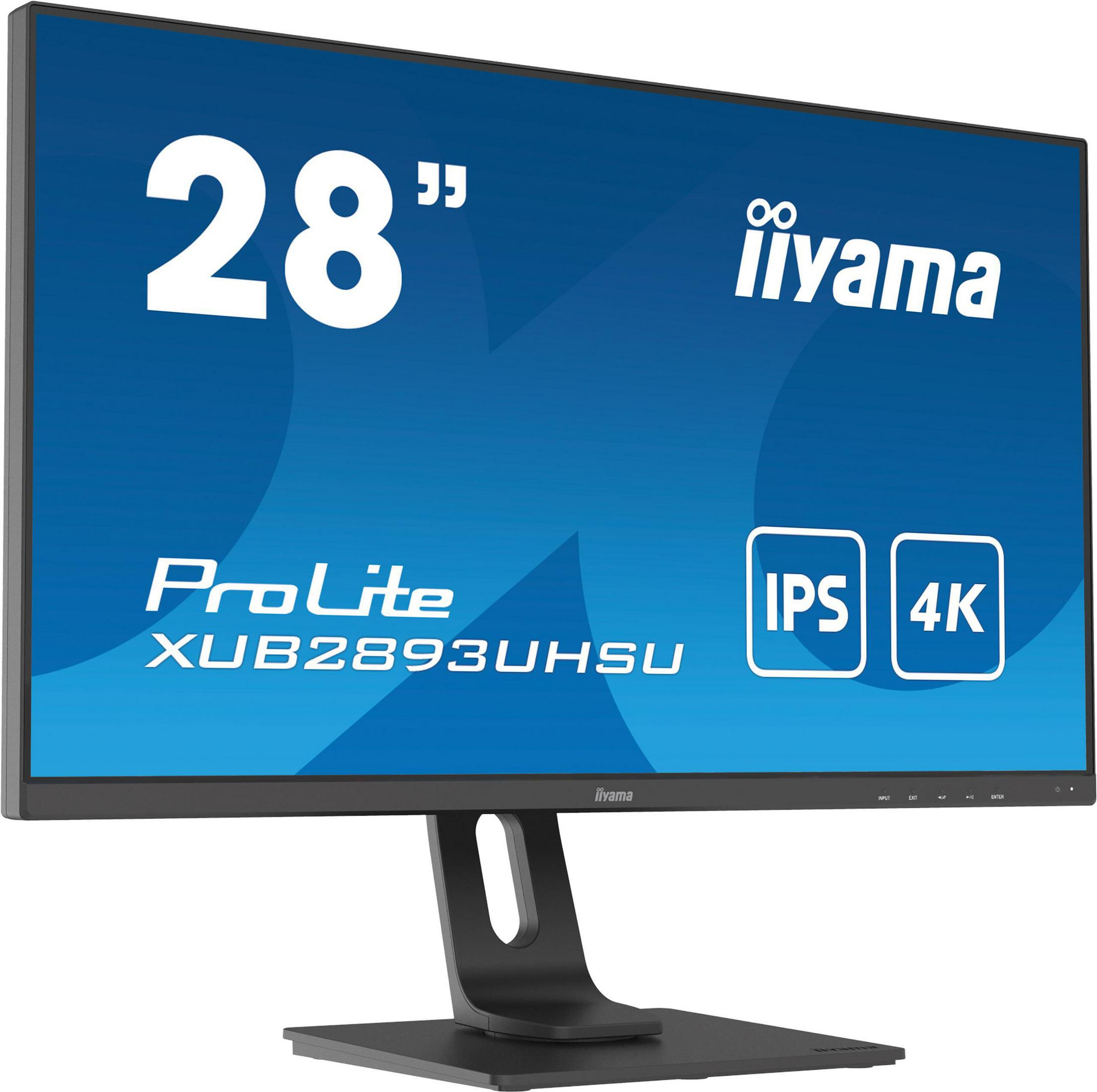Monitor de computadora de 28 pulgadas con marco y soporte negros, texto blanco.