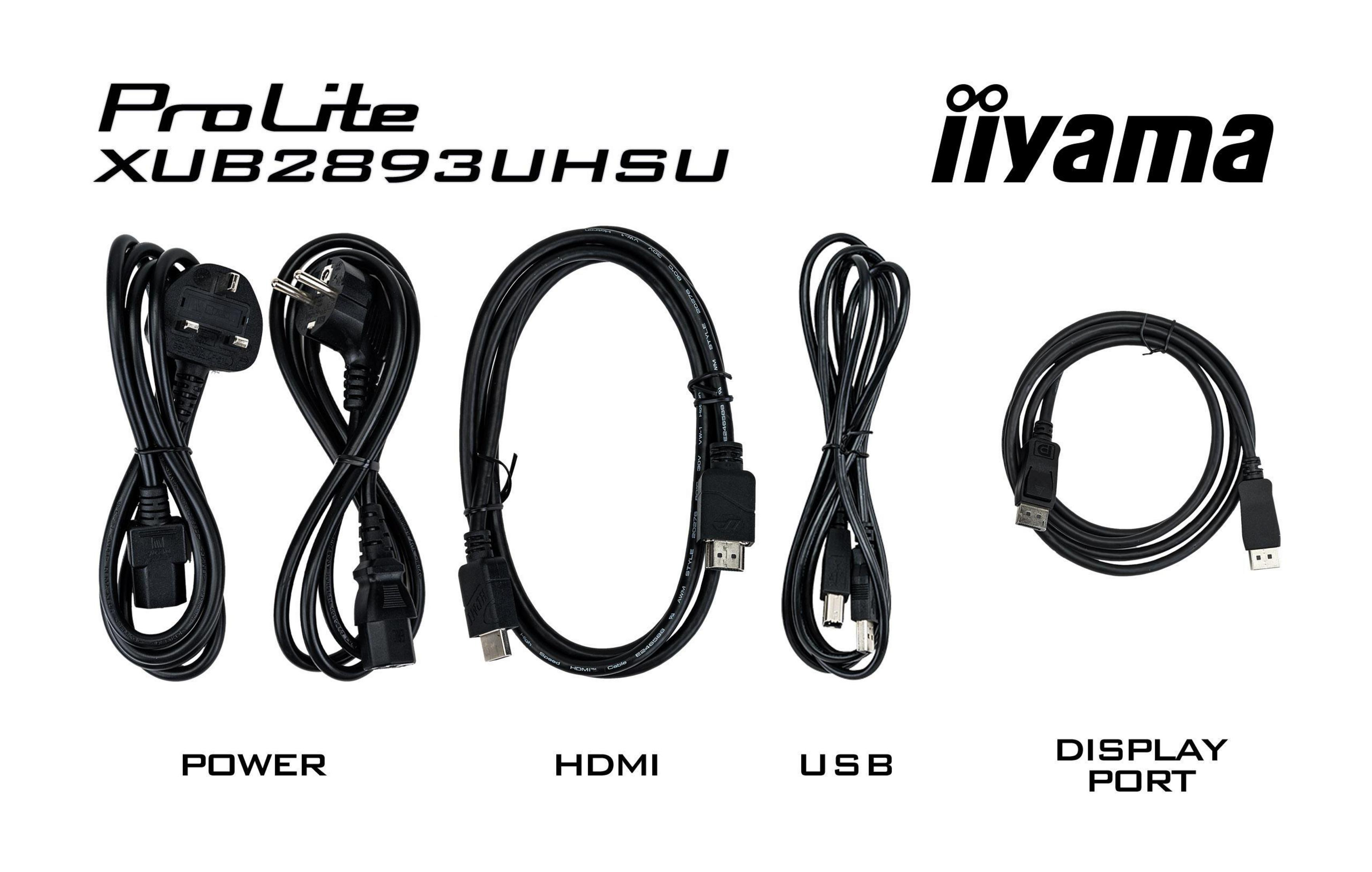 Cables: alimentación, HDMI, USB y puerto de pantalla, sobre superficie blanca.