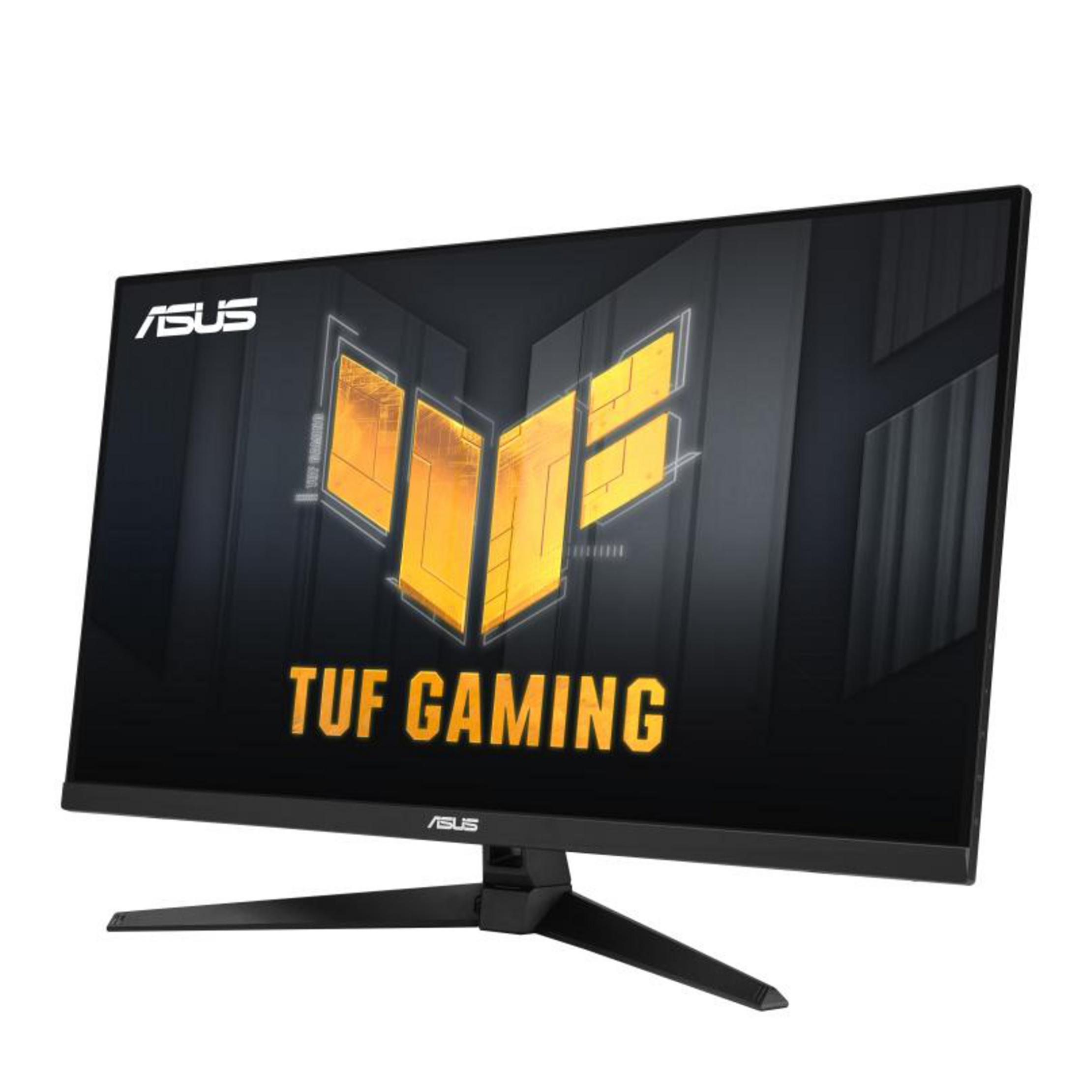 Moniteur Asus TUF Gaming affichant le logo TUF Gaming sur fond noir.