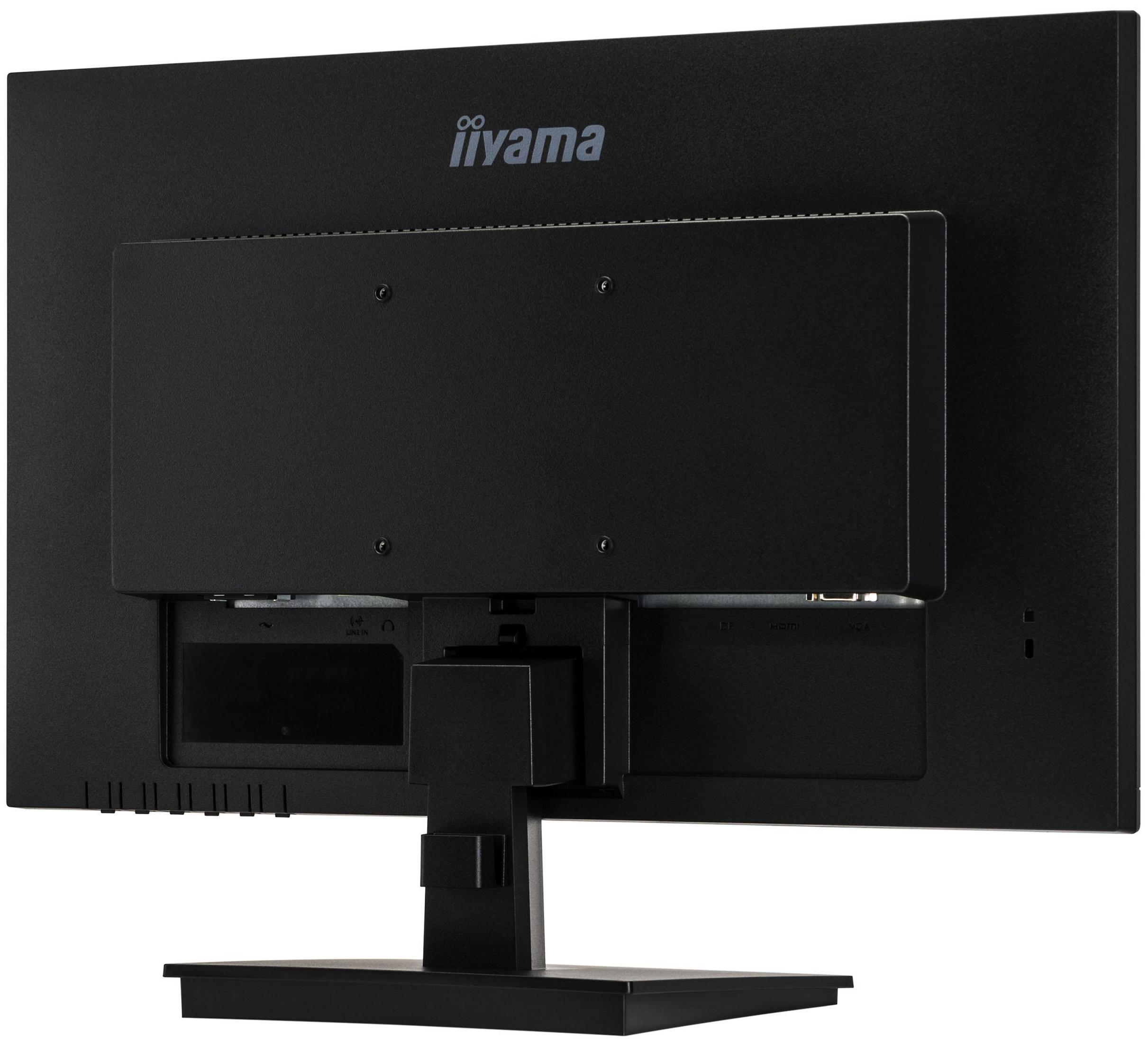 Parte trasera de un monitor negro. Logo de iiyama visible. Soporte adjunto.