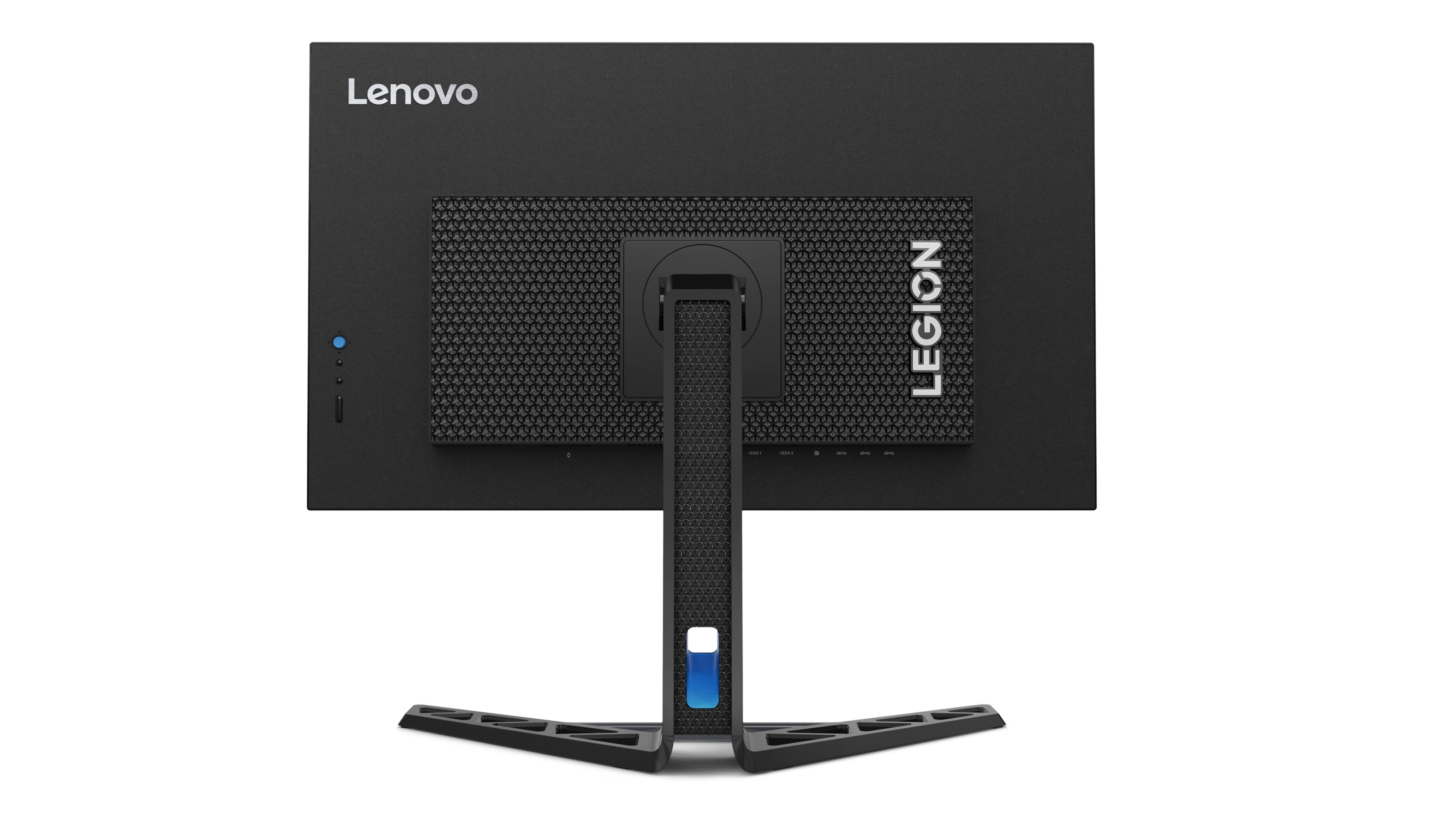 Tył czarnego monitora Lenovo Legion z marką Lenovo i Legion, portami i niebieską diodą LED.