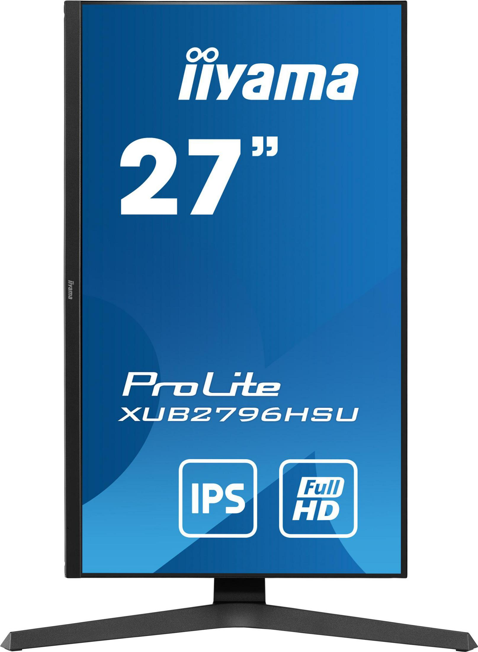 27-Zoll-Computermonitor mit schwarzem Rahmen. Der Bildschirm zeigt den Markennamen 'iiyama'.