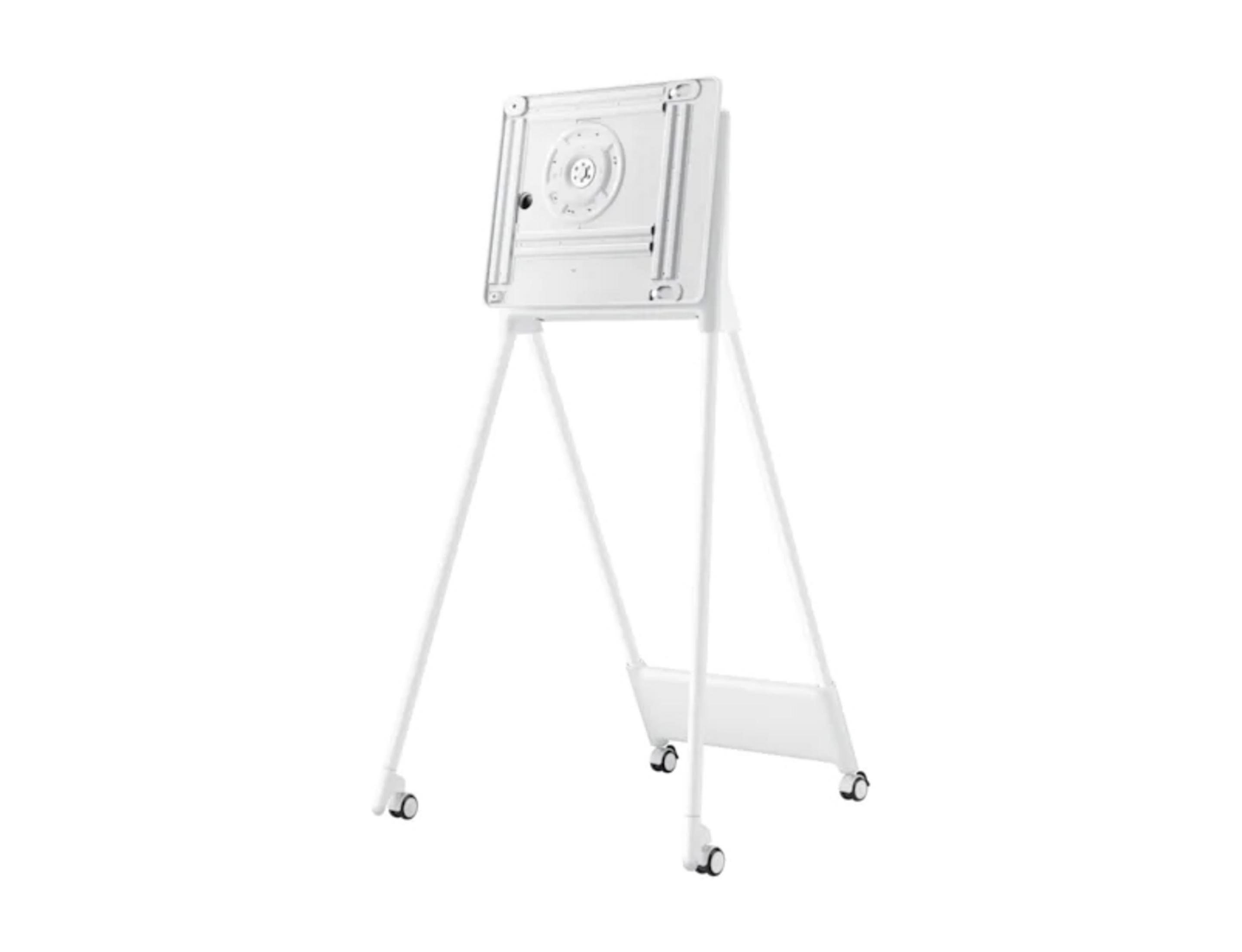 Un support TV blanc avec des roues. Il a un dessus rectangulaire et deux pieds.