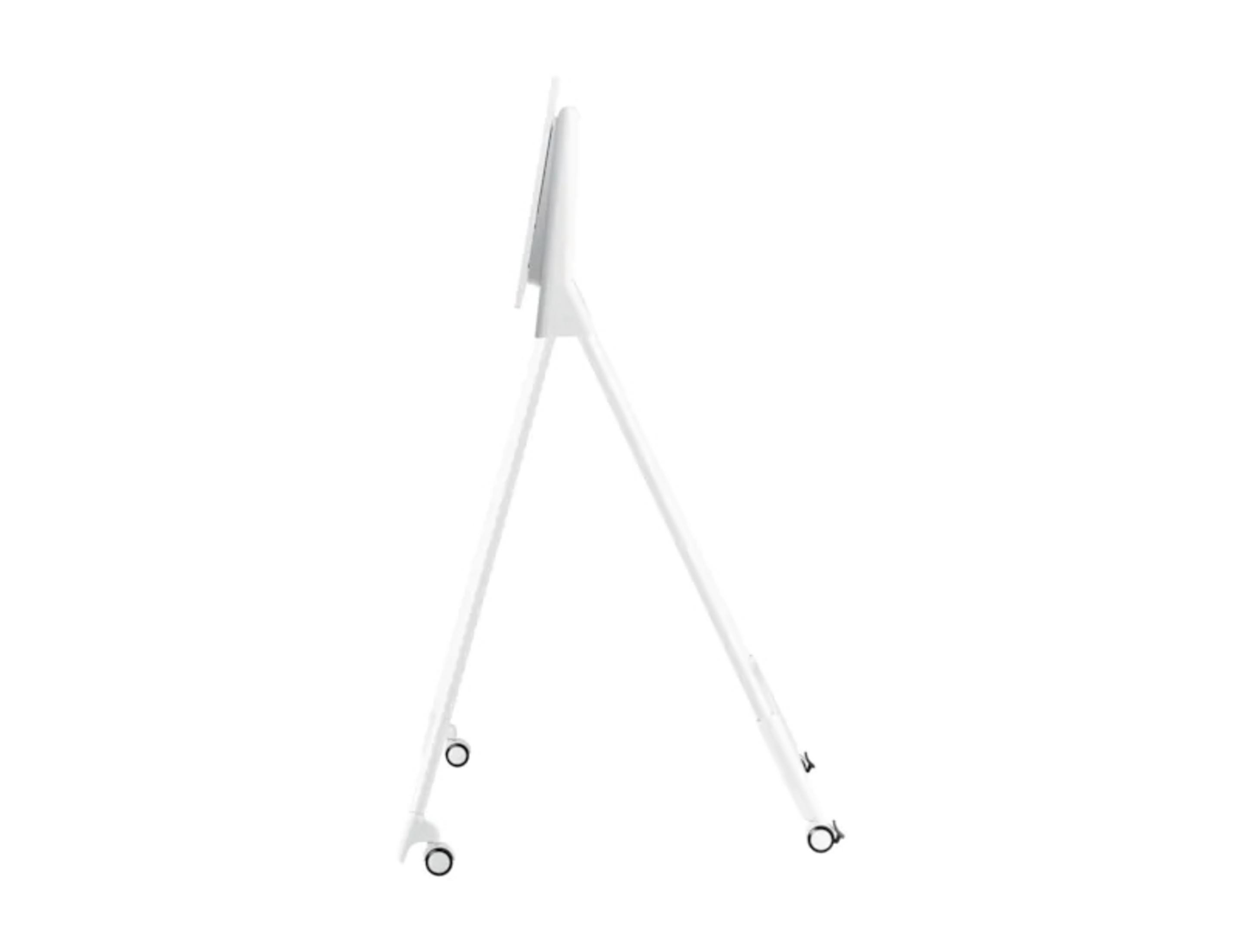 Un support TV blanc avec roulettes, supportant un téléviseur.