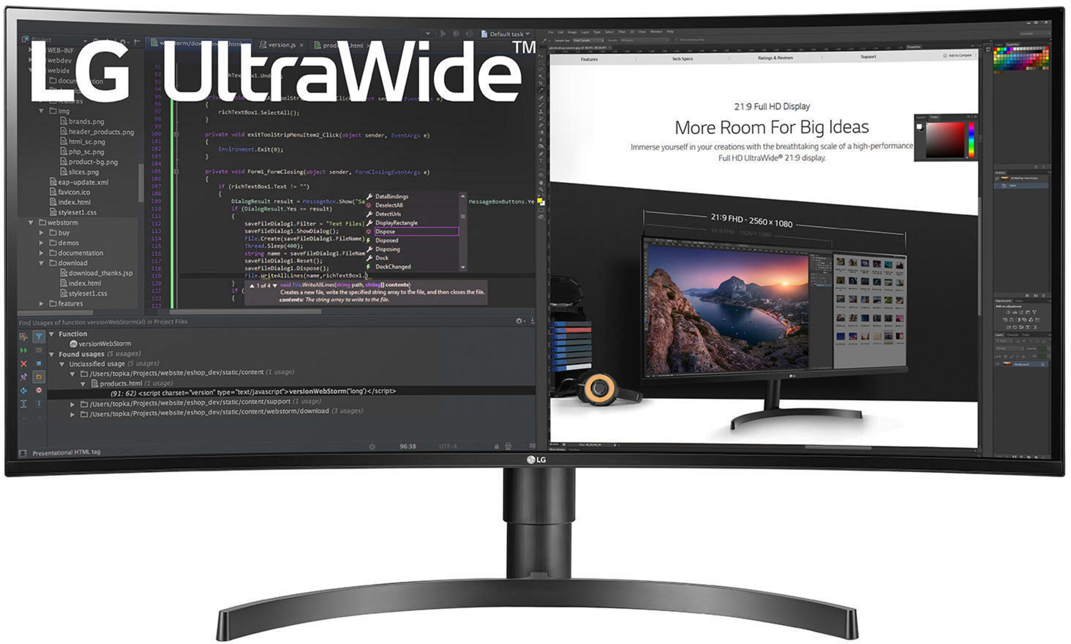 LG UltraWide Monitor, der Code und eine Webseite anzeigt.