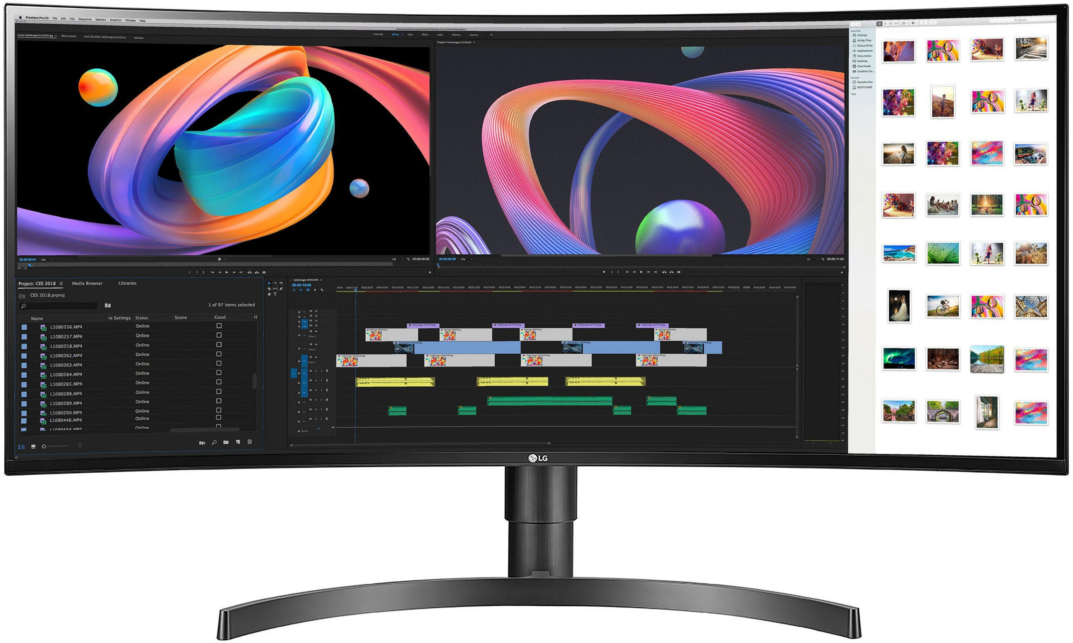 Gebogener LG-Monitor, der eine Videoschnittstelle anzeigt. Mehrere Miniaturansichten von Bildern sind sichtbar.
