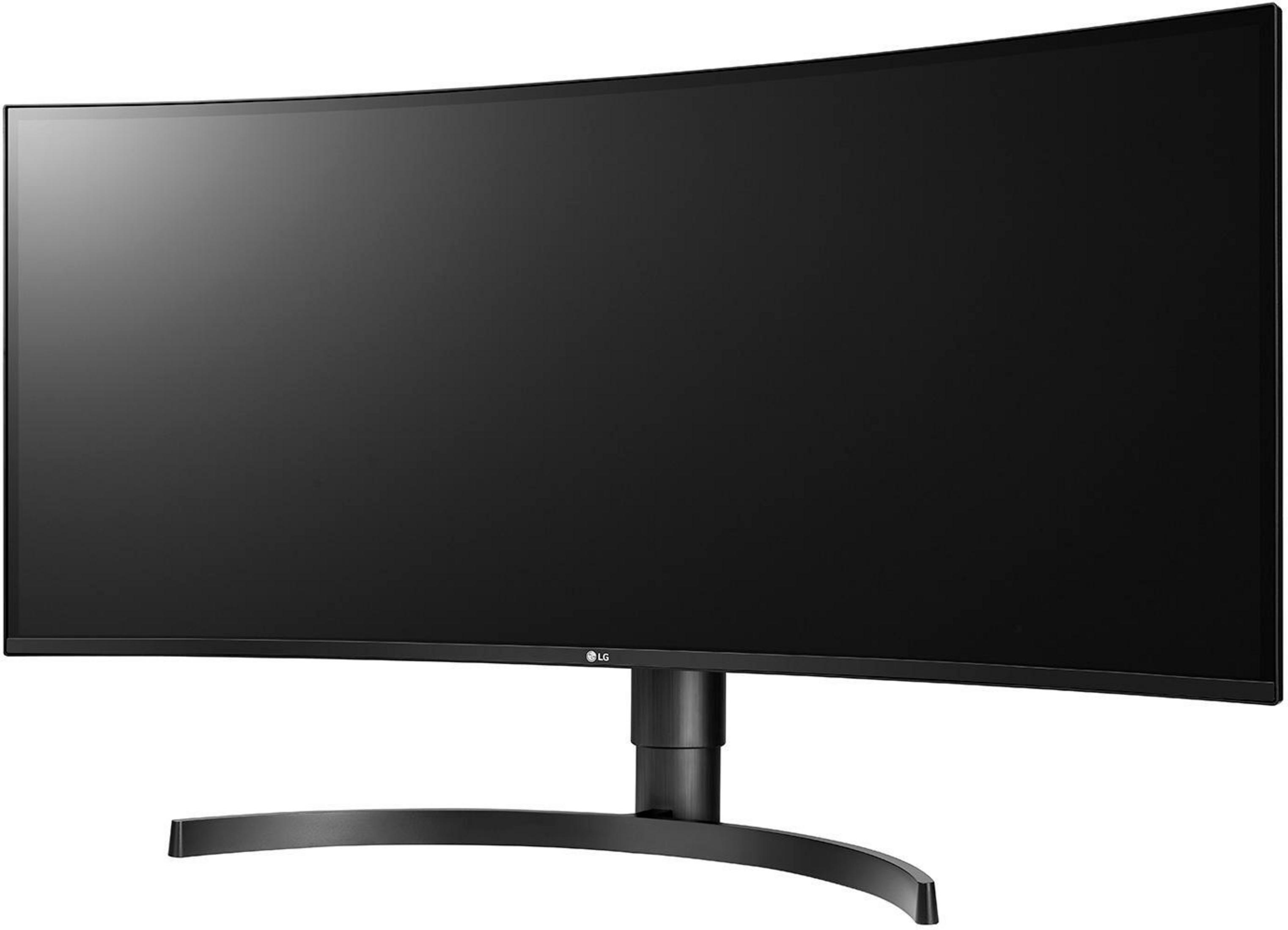 Gebogener schwarzer Computermonitor auf einem Ständer. Der Monitor hat das LG-Logo.