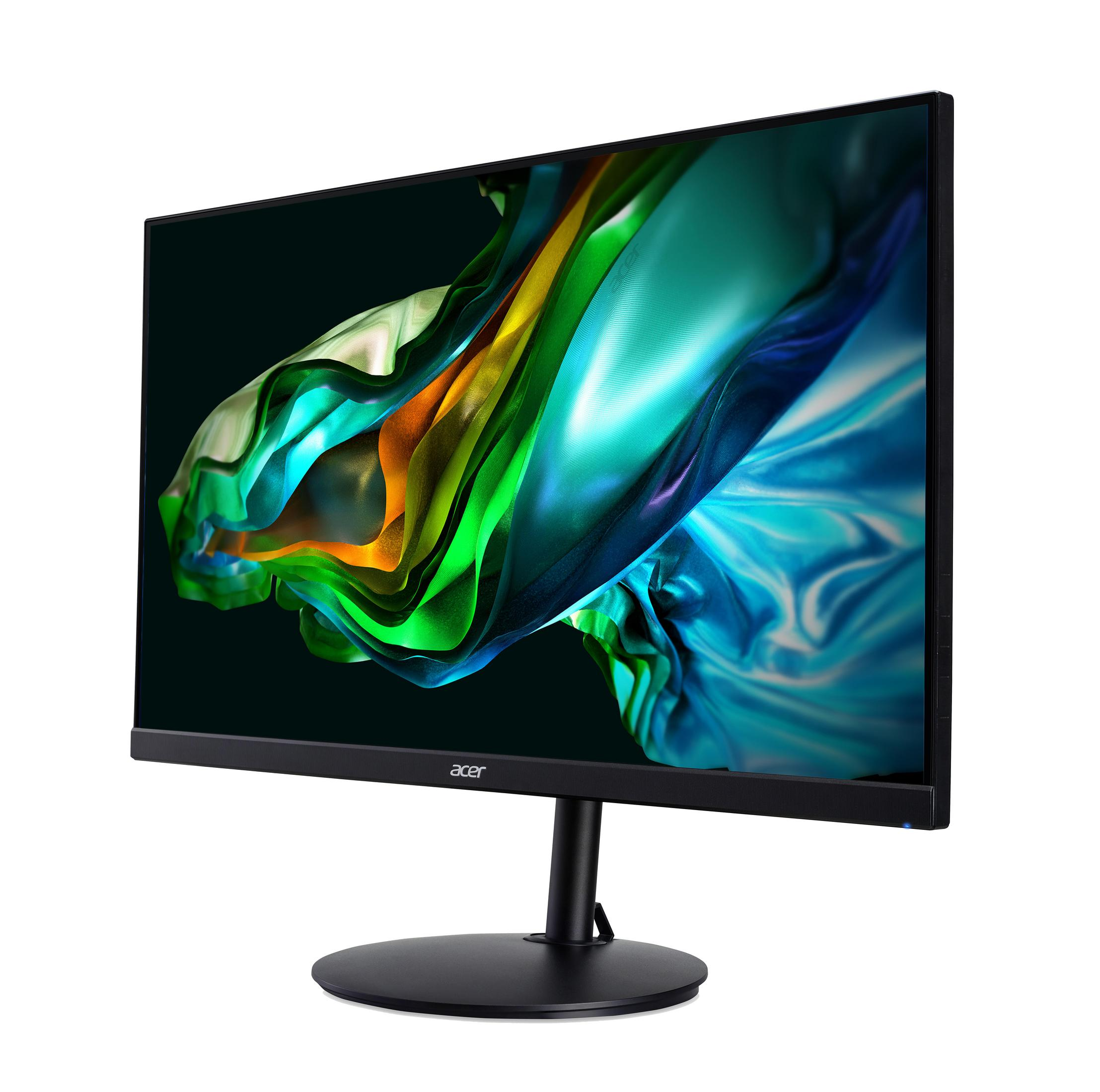 Schwarzer Monitor mit schwarzem Ständer. Zeigt farbenfrohe abstrakte Kunst. Acer-Logo unten.