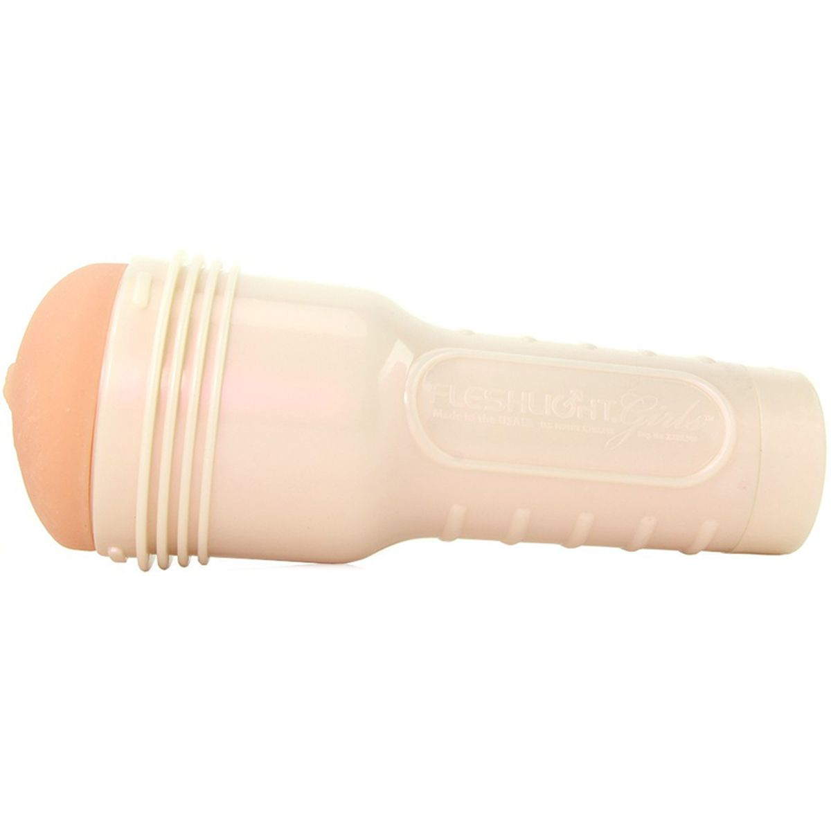 Fleshlight, blanco, forma cilíndrica con extremo rosa. Fondo blanco.