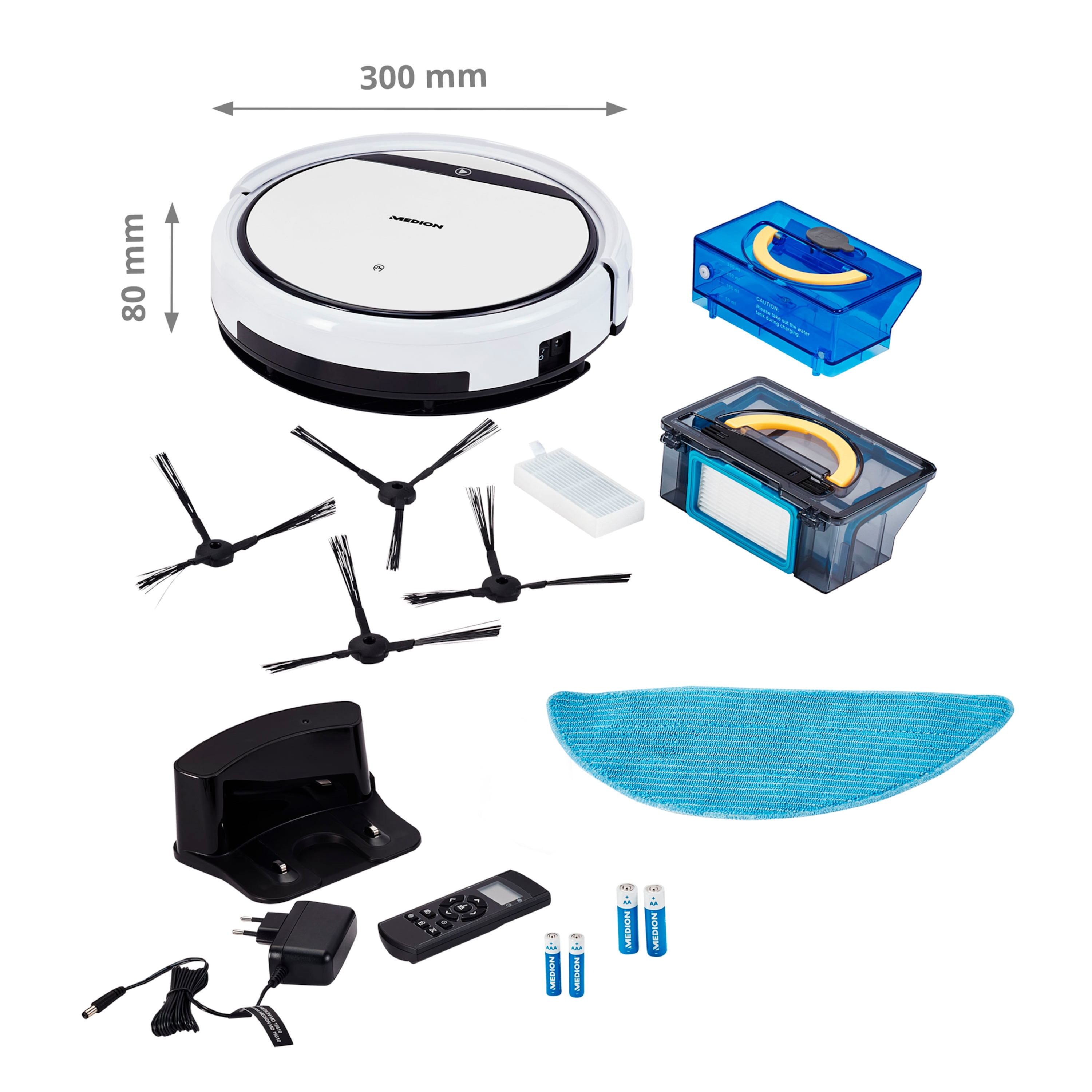 Biały odkurzacz automatyczny z akcesoriami: szczotkami, pojemnikiem na kurz, stacją ładującą i pilotem.