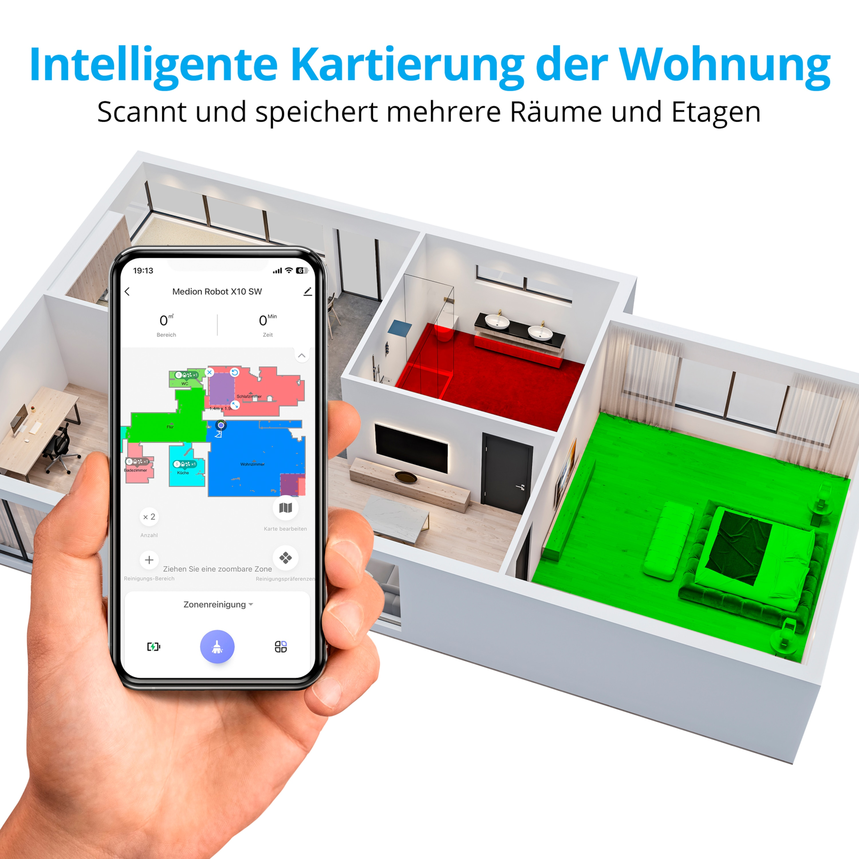 Dłoń trzymająca telefon z planem piętra. Interfejs aplikacji smart home.
