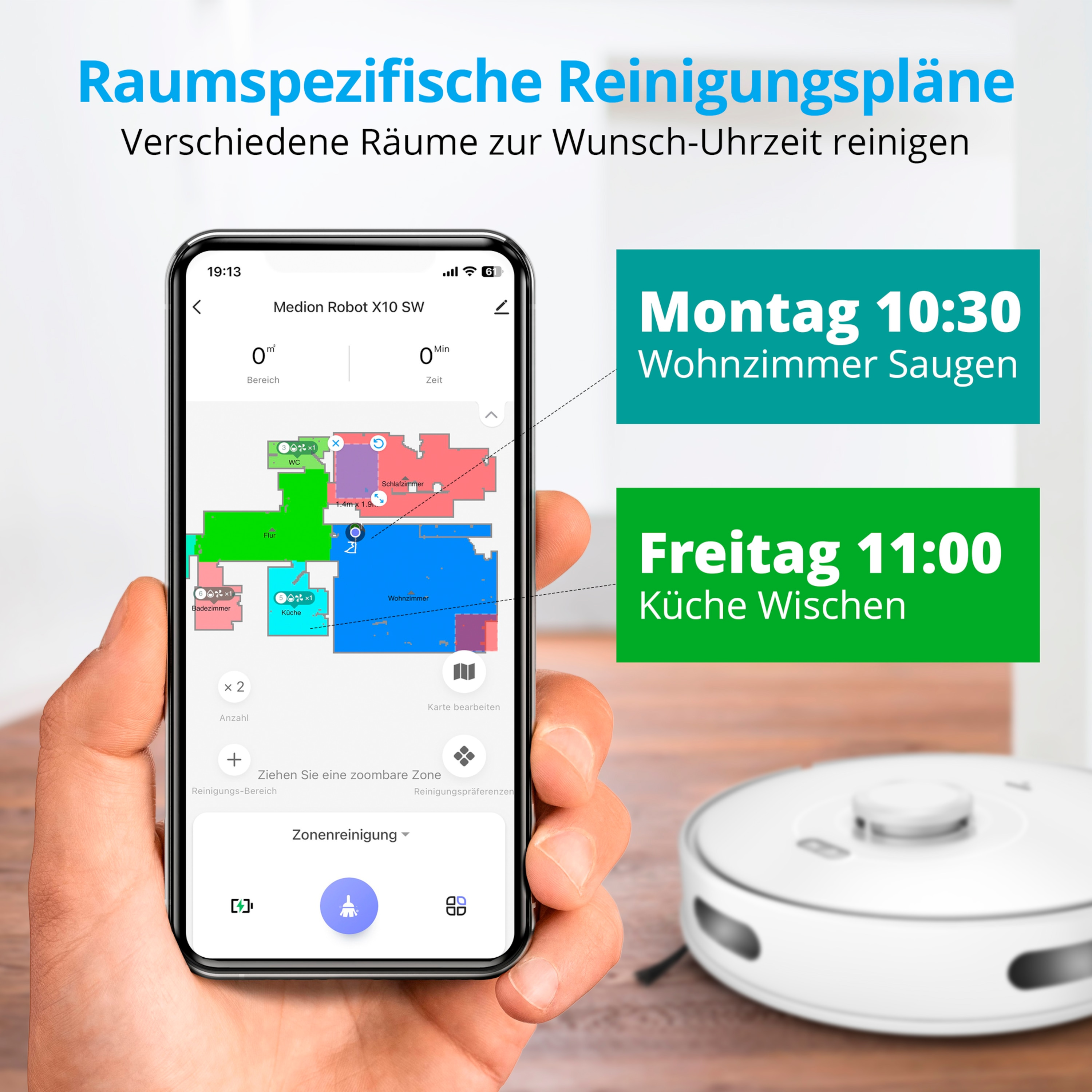 Telefon wyświetla harmonogram sprzątania. Z tyłu widać robota sprzątającego.