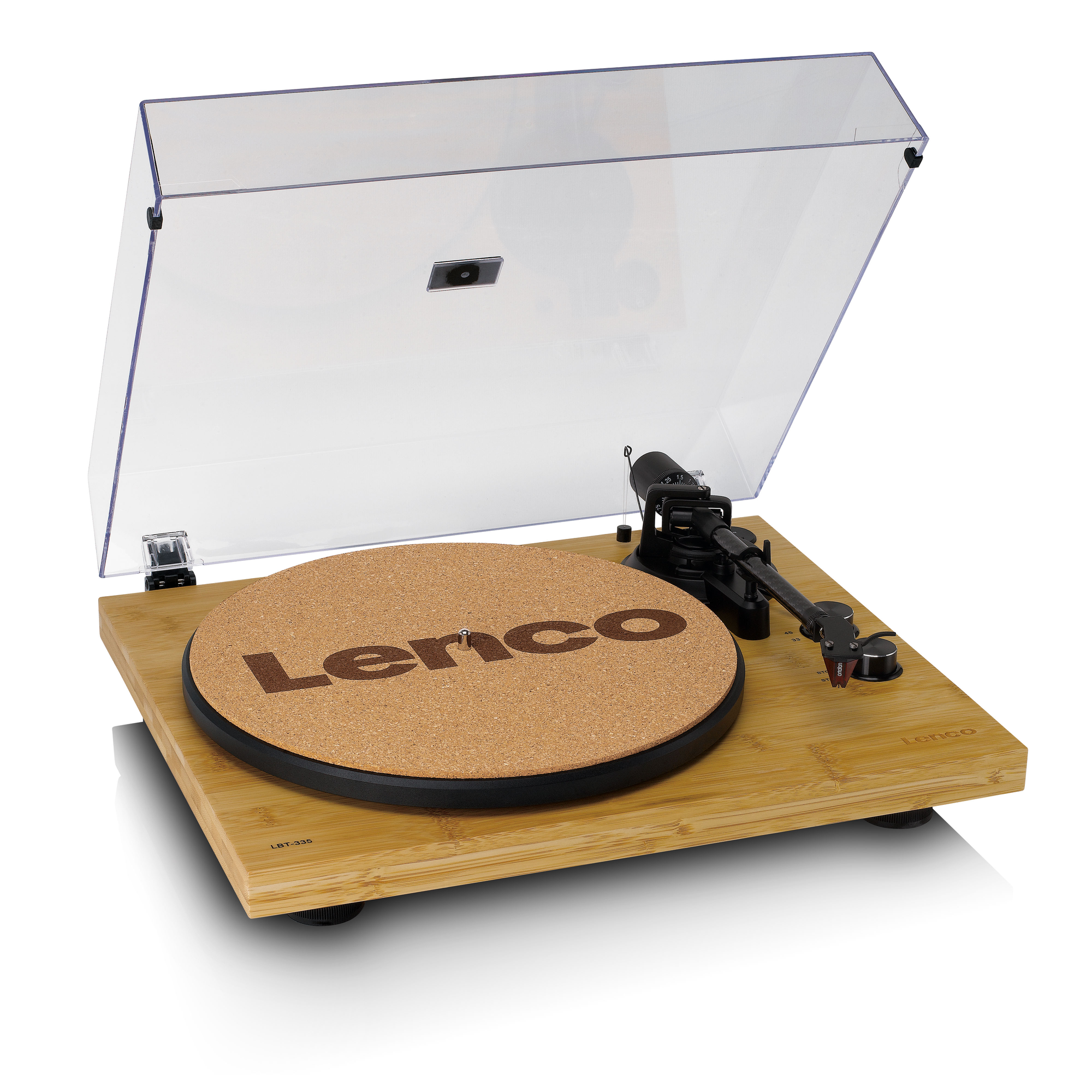 Platenspeler met houten basis, kurken plateau en een transparante hoes. De merknaam 'Lenco' is zichtbaar.