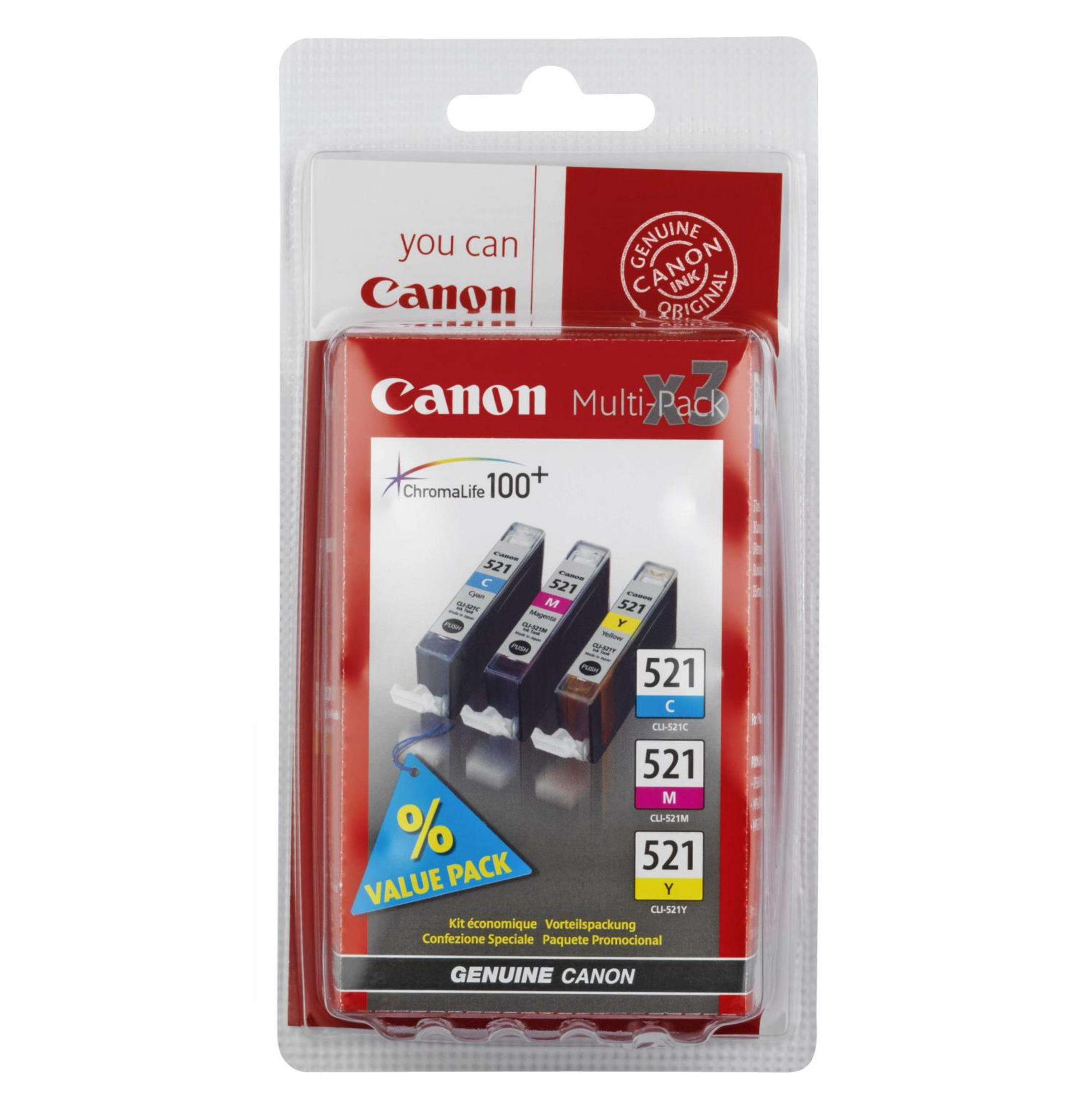 Canon Tintenpatronen in einer Verpackung. Enthält vier Patronen. Weißer Hintergrund.