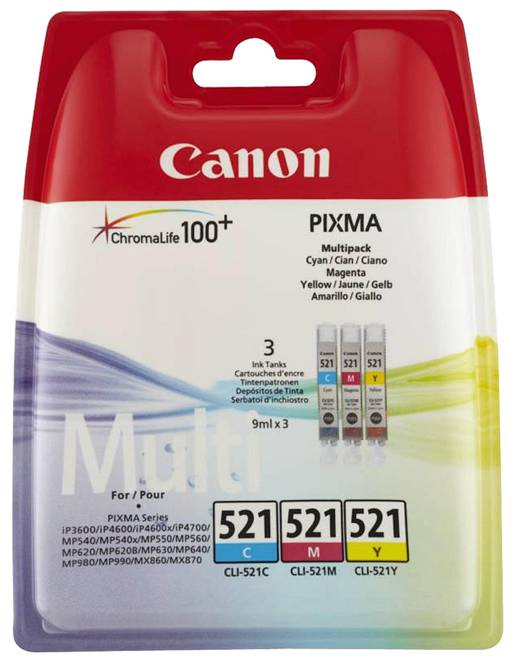 Canon Tintenpatronenverpackung, drei Patronen: Cyan, Magenta, Gelb.