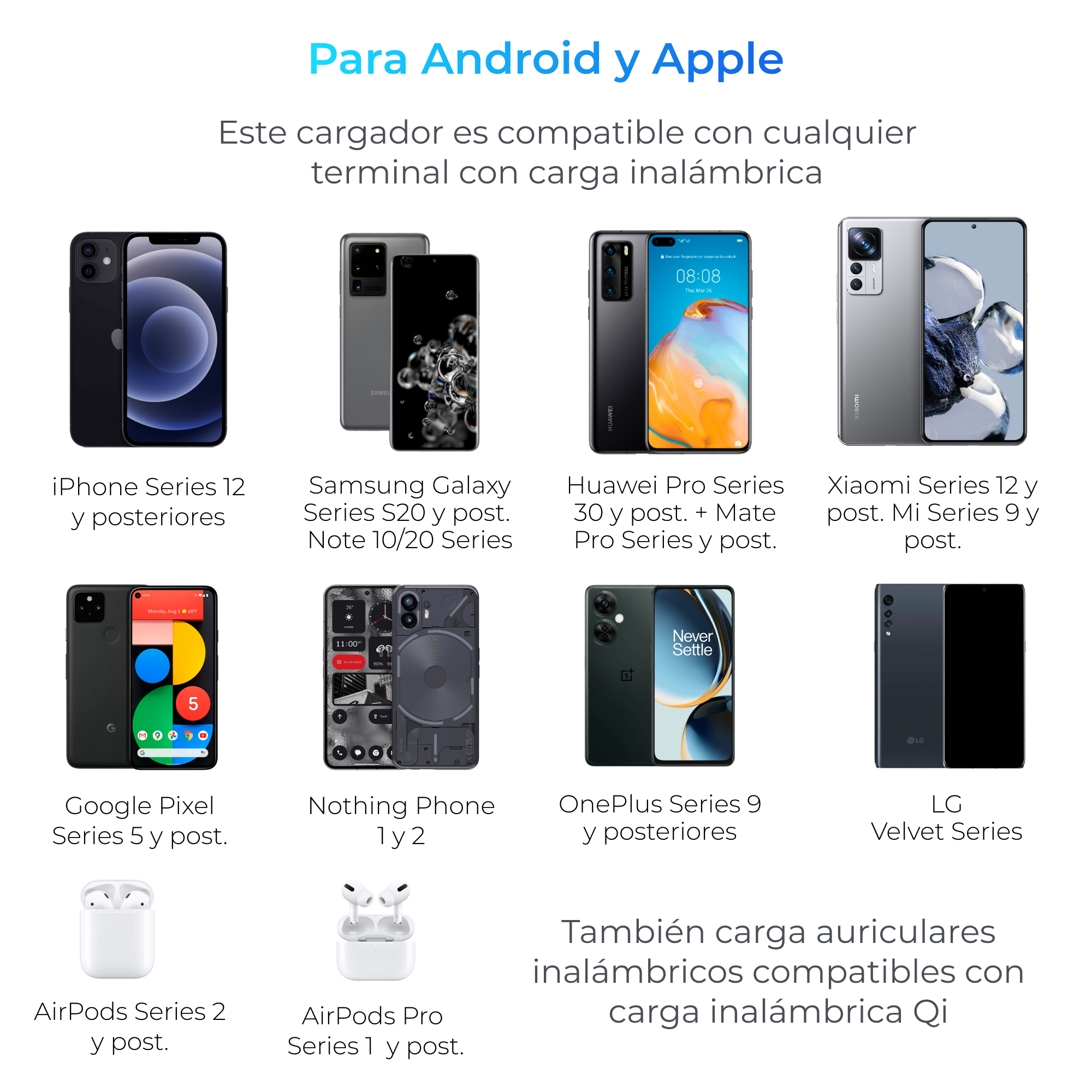Varios teléfonos inteligentes y auriculares. Texto: 'Para Android y Apple', más detalles de carga inalámbrica.