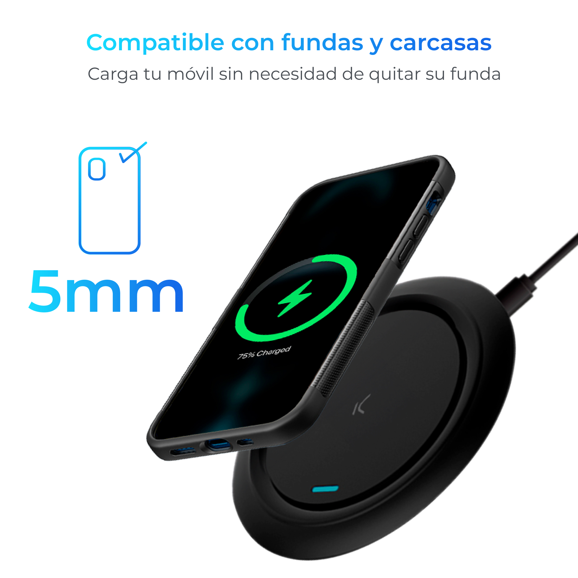 Cargador inalámbrico negro con teléfono. Teléfono muestra indicador de carga.