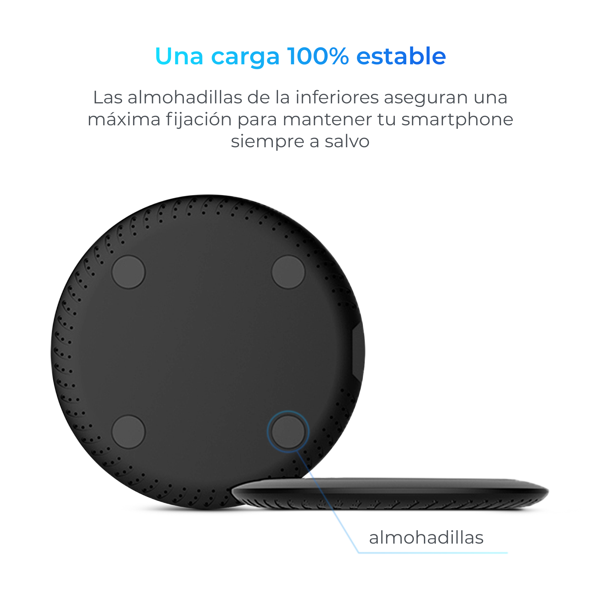 Cargador inalámbrico negro con cuatro almohadillas. Texto describe carga estable. Aislado en blanco.