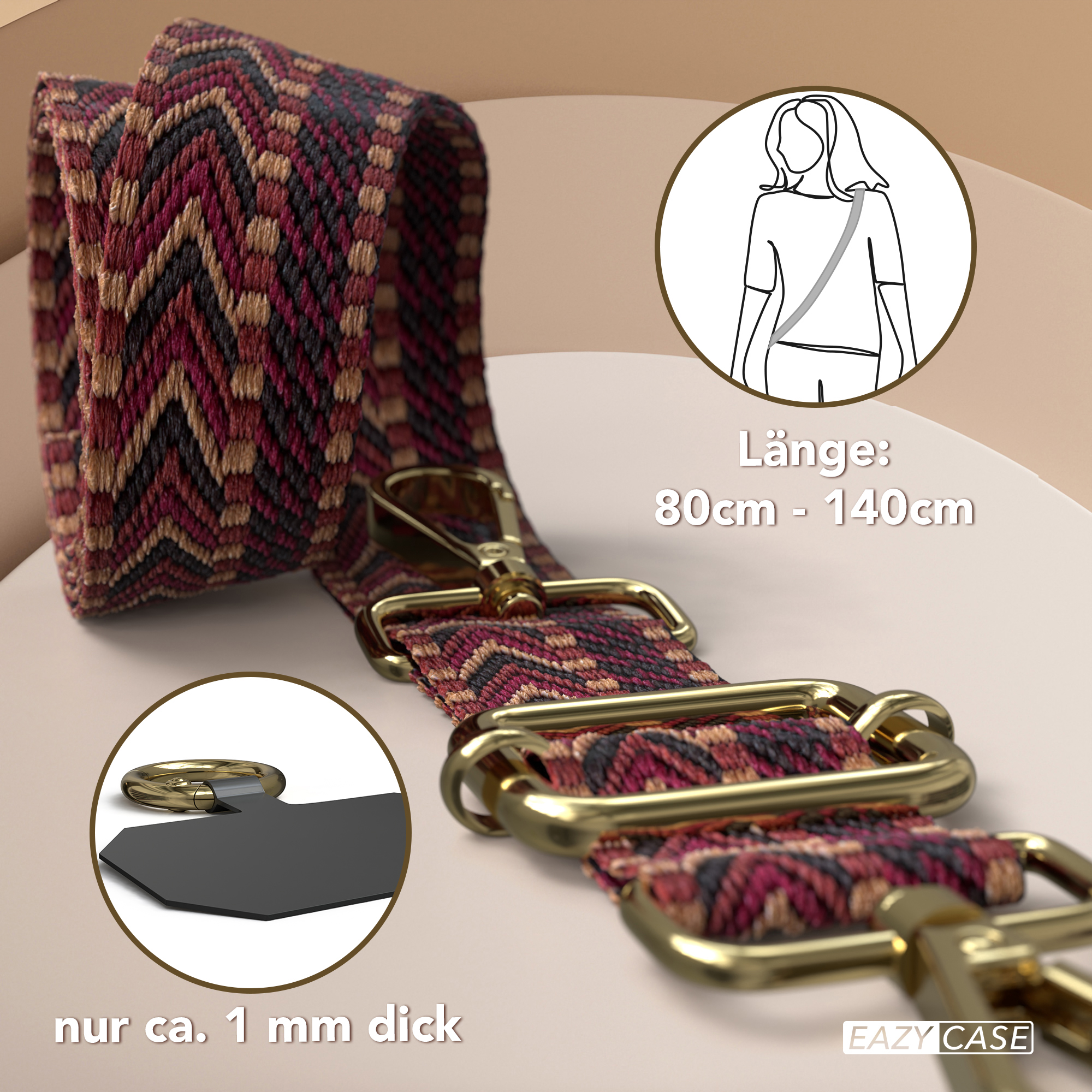 Nahaufnahme eines gemusterten, farbenfrohen Riemens mit goldfarbener Hardware.
