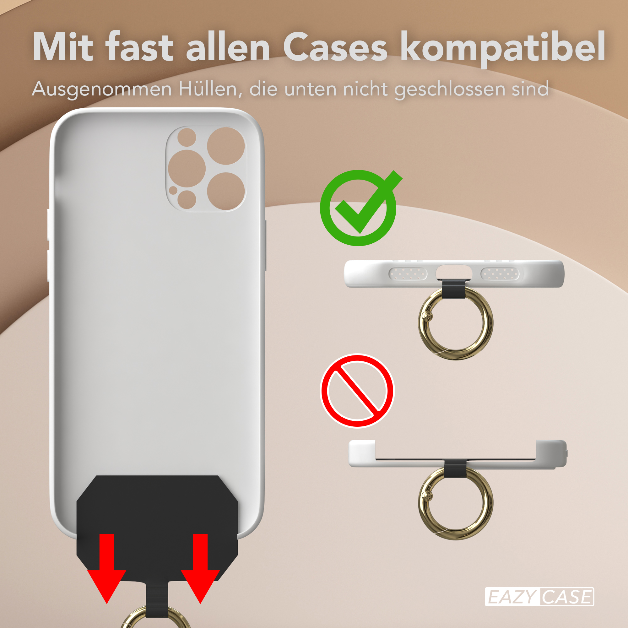 Eine weiße Handyhülle mit Ring, rote Pfeile zeigen Kompatibilität mit Hüllen.