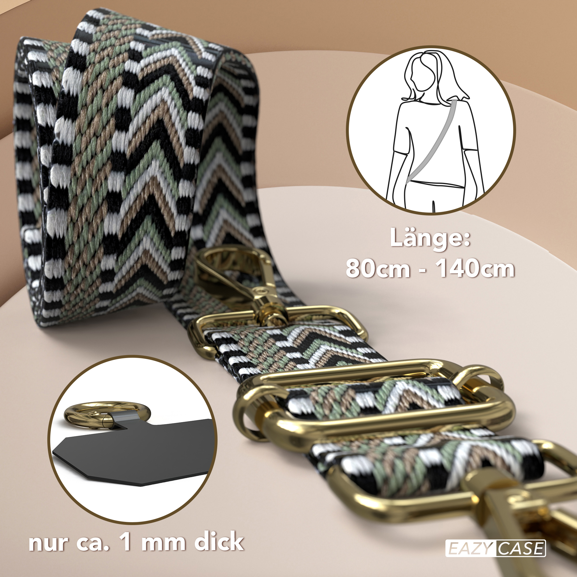 Ein gemusterter Schultergurt mit goldener Hardware, ein Diagramm und der Text 'nur ca. 1 mm dick'.