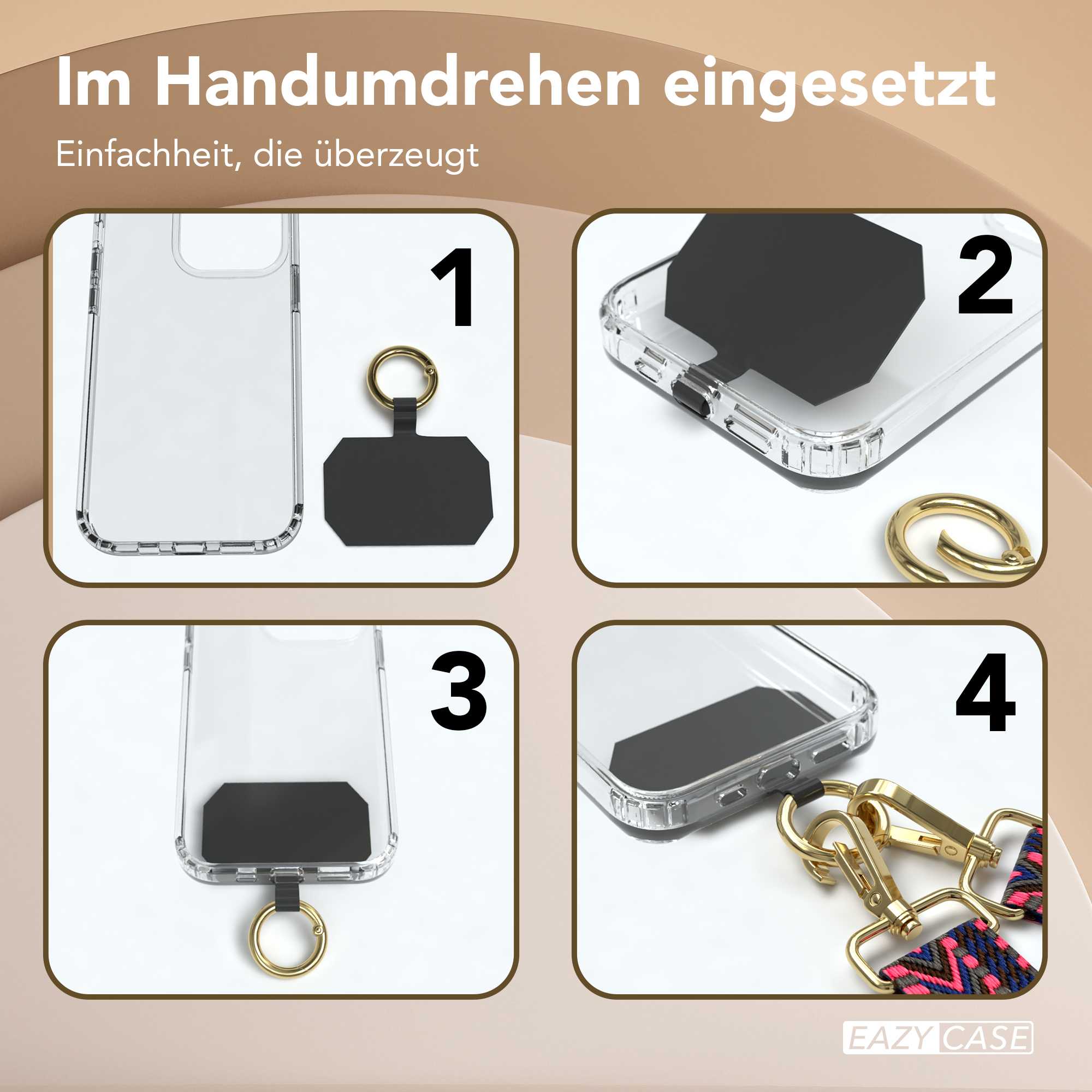 Eine Schritt-für-Schritt-Anleitung zur Installation einer transparenten Handyhülle mit Ring und Riemen.