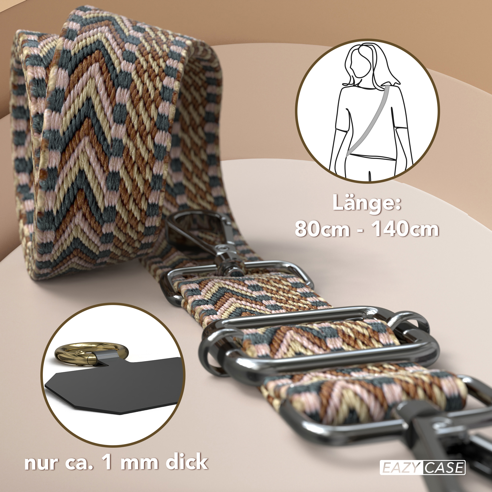 Ein gemusterter Riemen mit Metallschnallen. Ein Diagramm zeigt eine Frau mit dem Riemen. Text: 80cm - 140cm.