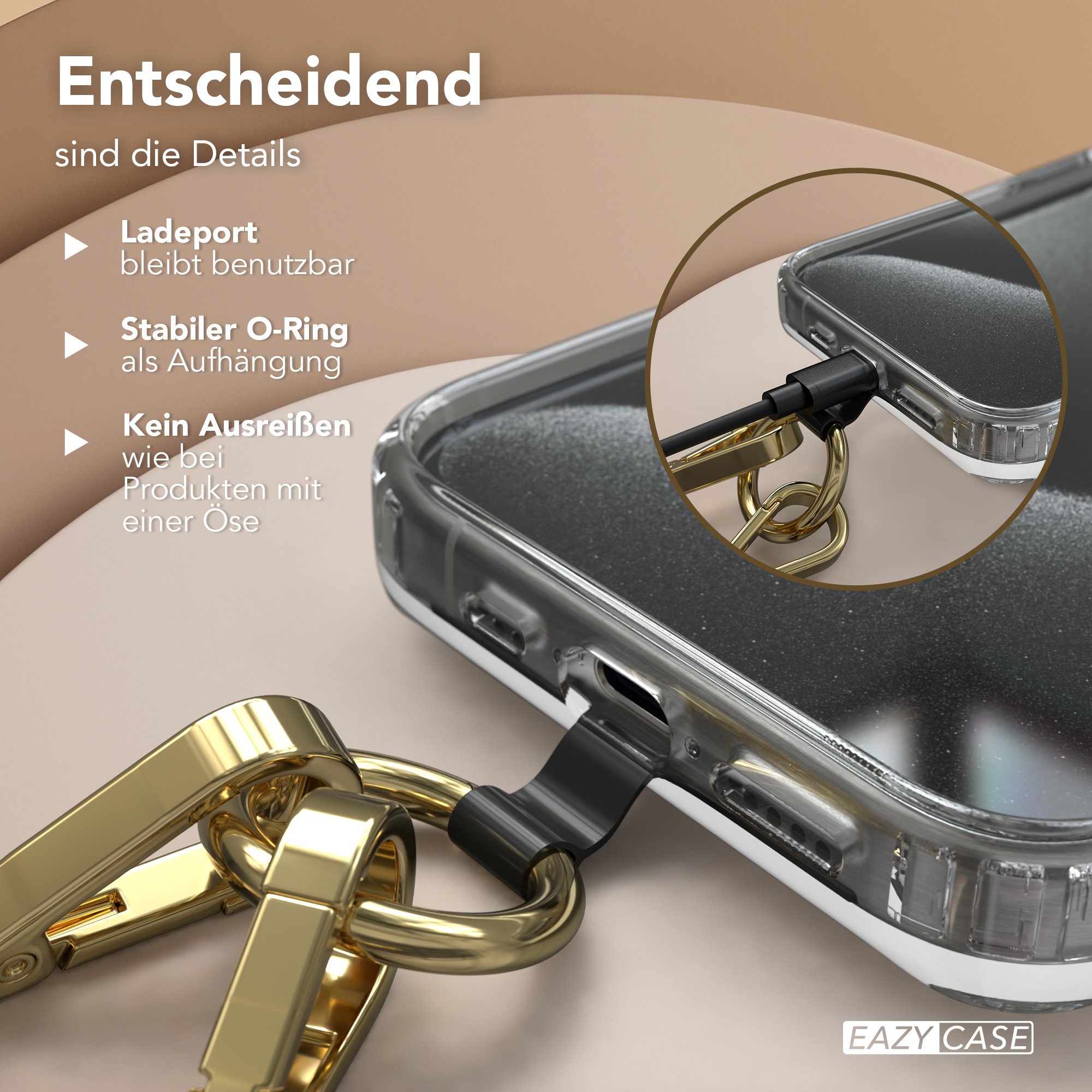 Transparente Handyhülle mit goldenem Ring und schwarzem Riemen, im Nahaufnahme mit deutschem Text gezeigt.