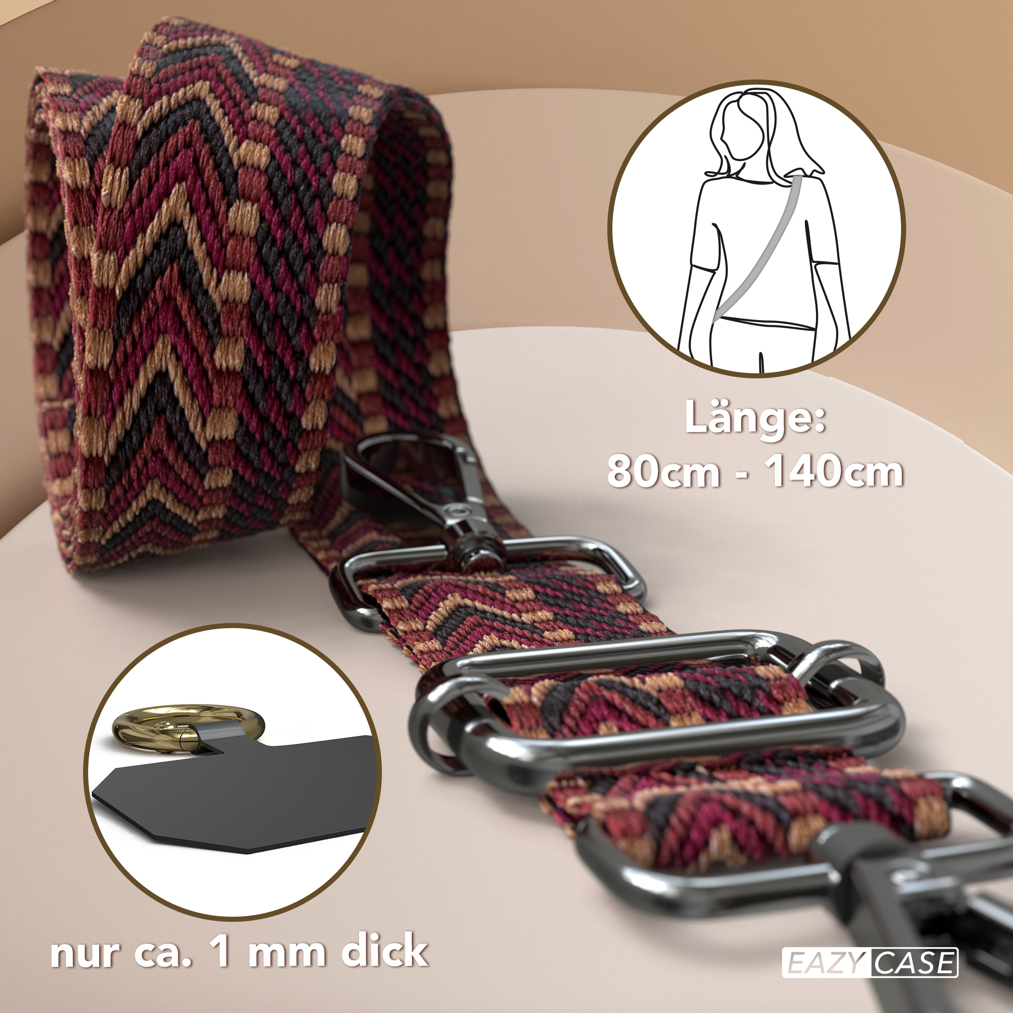 Ein gemustertes Band in Rot, Braun und Schwarz mit Metallverschlüssen. Ein Diagramm zeigt die Länge.