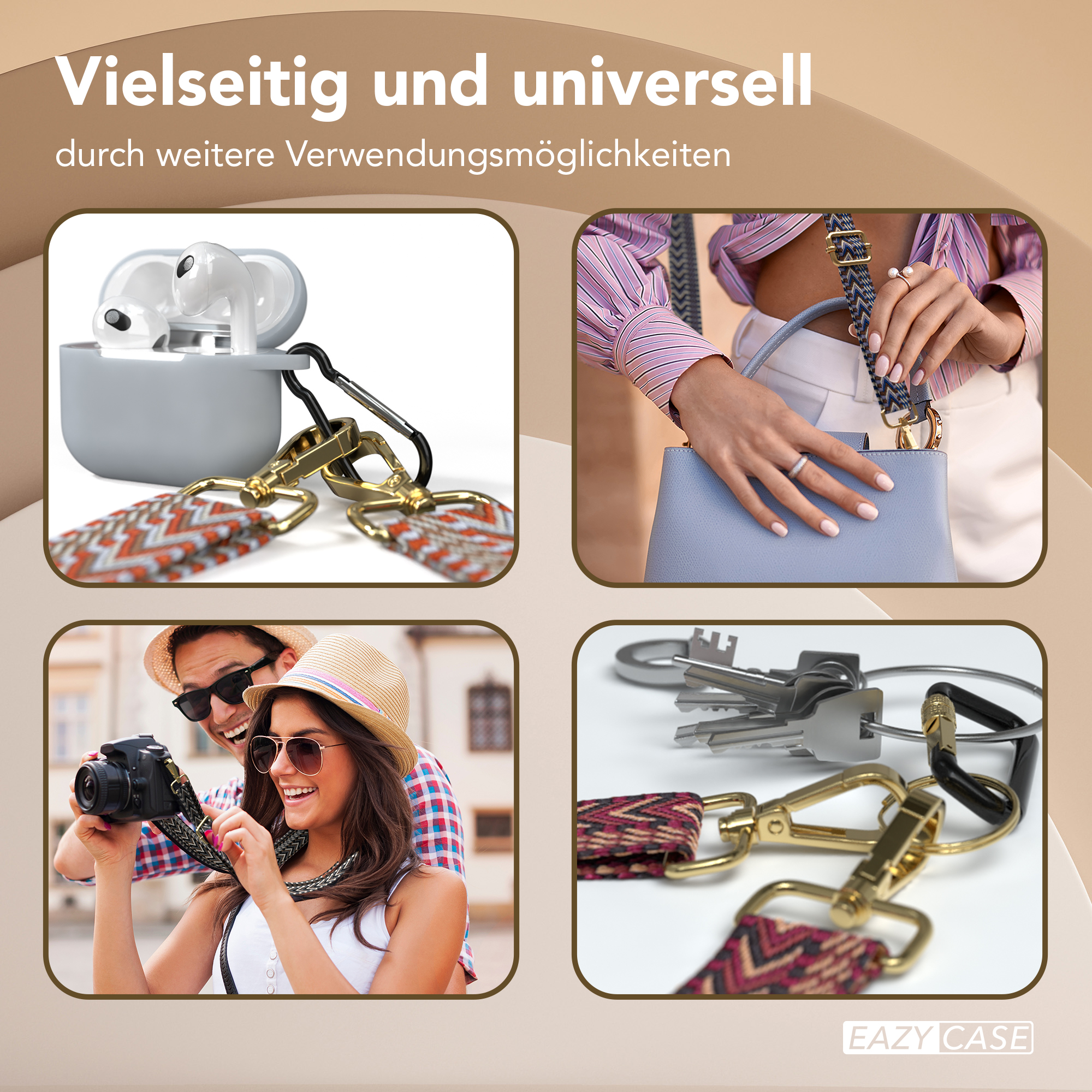 Fotos verschiedener Verwendungen: AirPods-Hülle, Taschenriemen, Paar mit Kamera, Schlüssel mit Riemen.